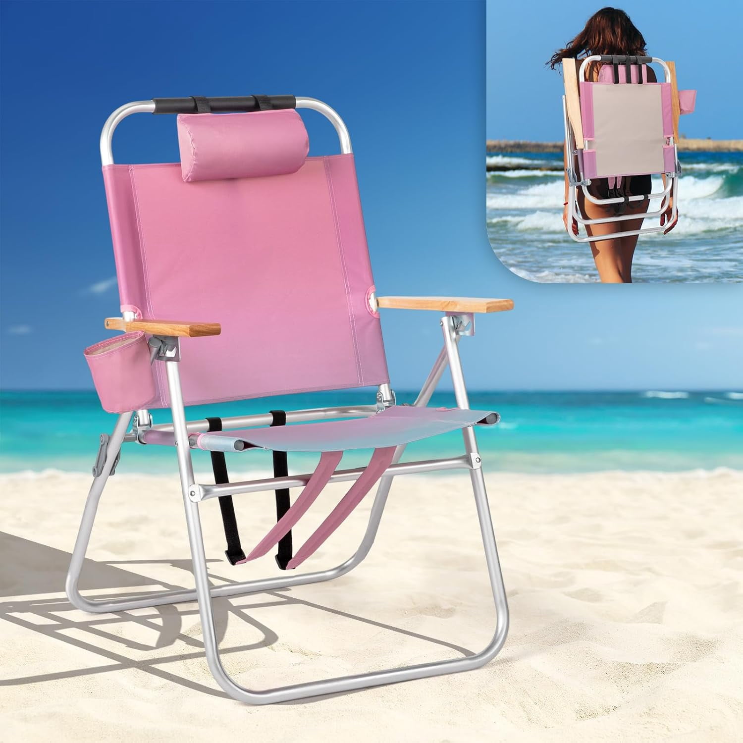PEXMOR Portable Aluminum Beach Chair, 3-Position Reclining Backpack Chair with Cup Holder (Pink, 17 in Seat Height) ypuff