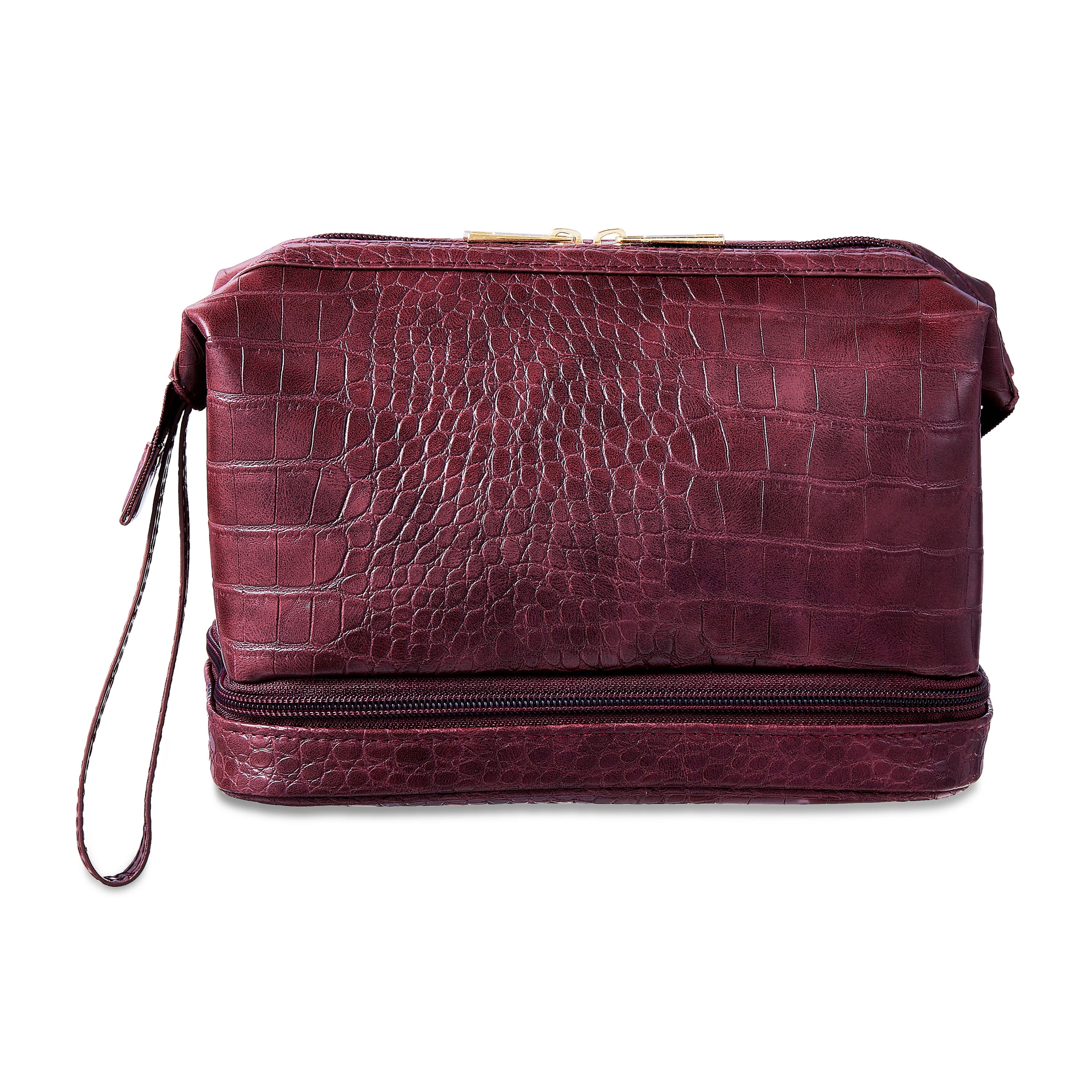 Walmart Deluxe Cosmetic Bag with Wristlet and Extra Storage (Wine Red Croc, 8.85 in x 5.5 in x 4.75 in) 4eq49