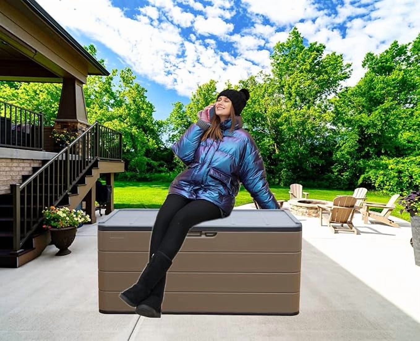 Decksplore 110 Gal Resin Deck Box Outdoor Waterproof Storage Bench for Patio Furniture and Garden Tools (Brown) y9z30