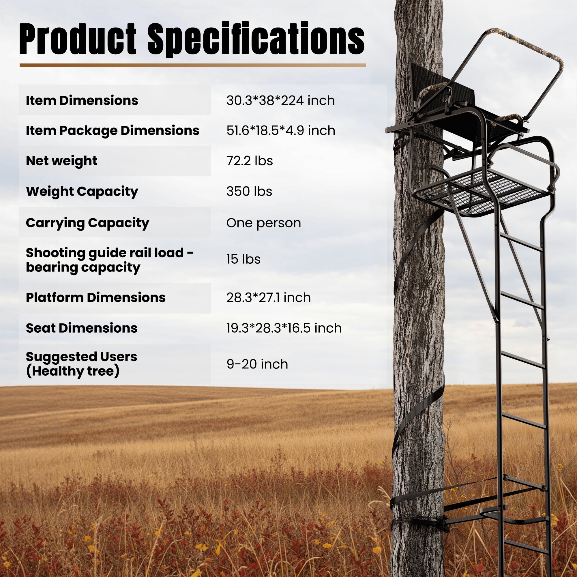 Naipo 18.7 ft Hunting Ladder Stand with Adjustable Shooting Rail and Full Body Harness (Black, 350 lb) 6g0ps