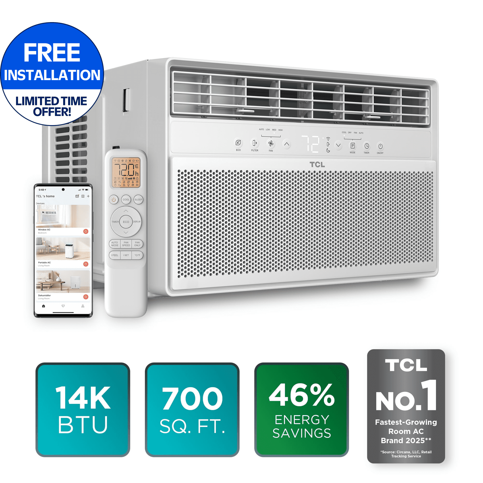TCL 14,000 BTU Smart Inverter Window Air Conditioner (White, 700 Sq ft Coverage) dsq35