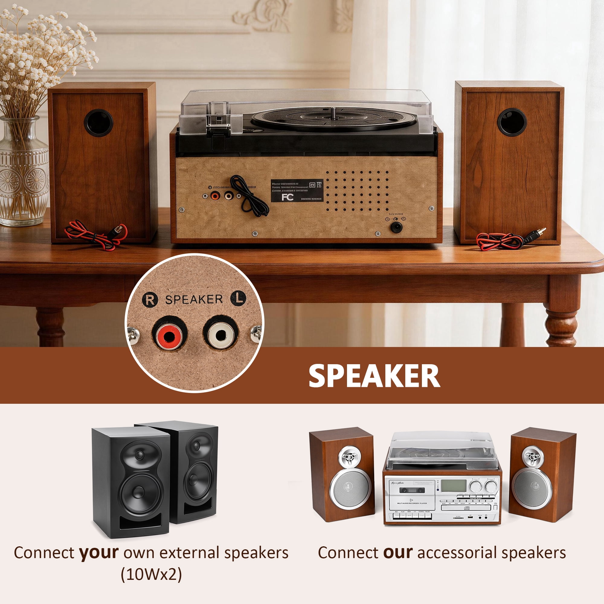 RetroAudio 10-in-1 Vintage Turntable System with Dual External Speakers, Bluetooth Connectivity, CD and Cassette Player (Brown) ltp6i