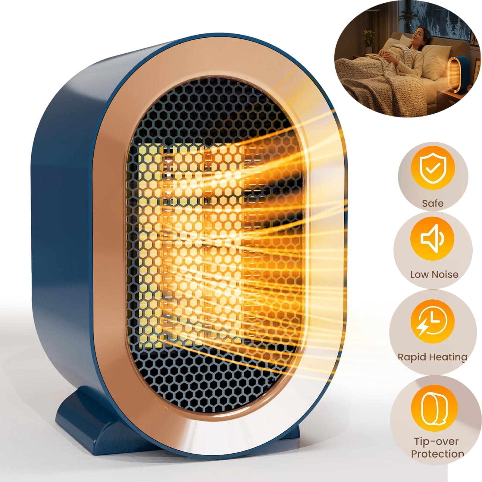 OhhGo Portable PTC Ceramic Space Heater for Indoor Use, Quiet Desktop Heater with Overheat & Tip-Over Protection (Blue, 1200W) u6jld