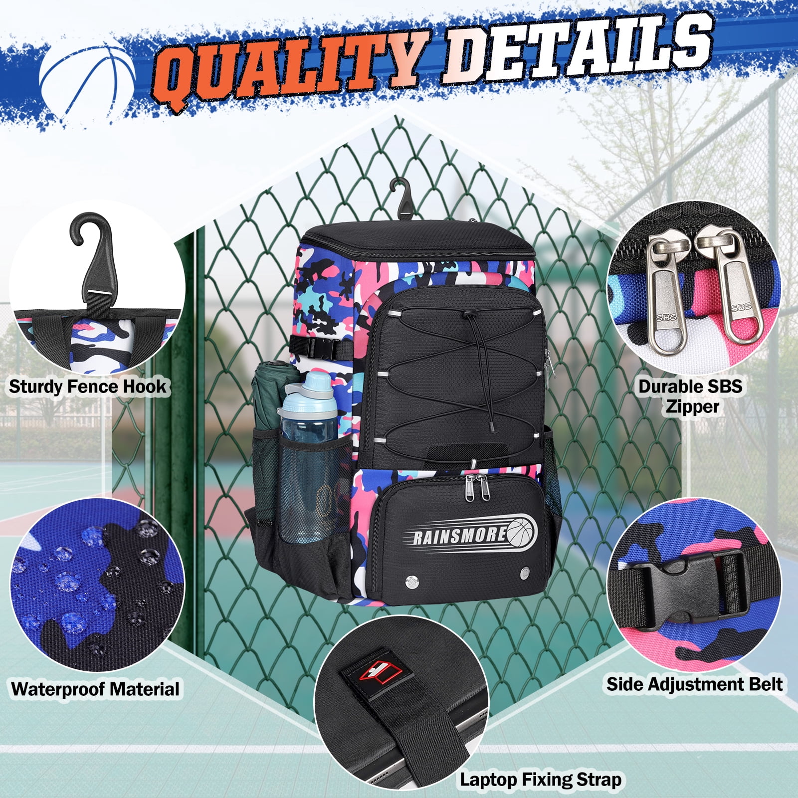 Rainsmore Basketball Backpack with Separate Ball Holder and Shoe Compartment (Pink, 14.2 in x 9.8 in x 20.9 in) 247oo