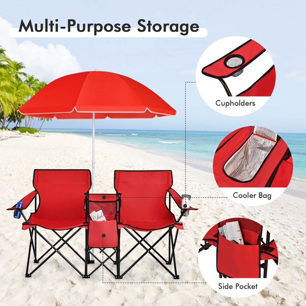 Aimee Lii Double Folding Picnic Chair with Umbrella, Outdoor Camping Loveseat with Cooler Bag and Beverage Holders (Red) sqkca