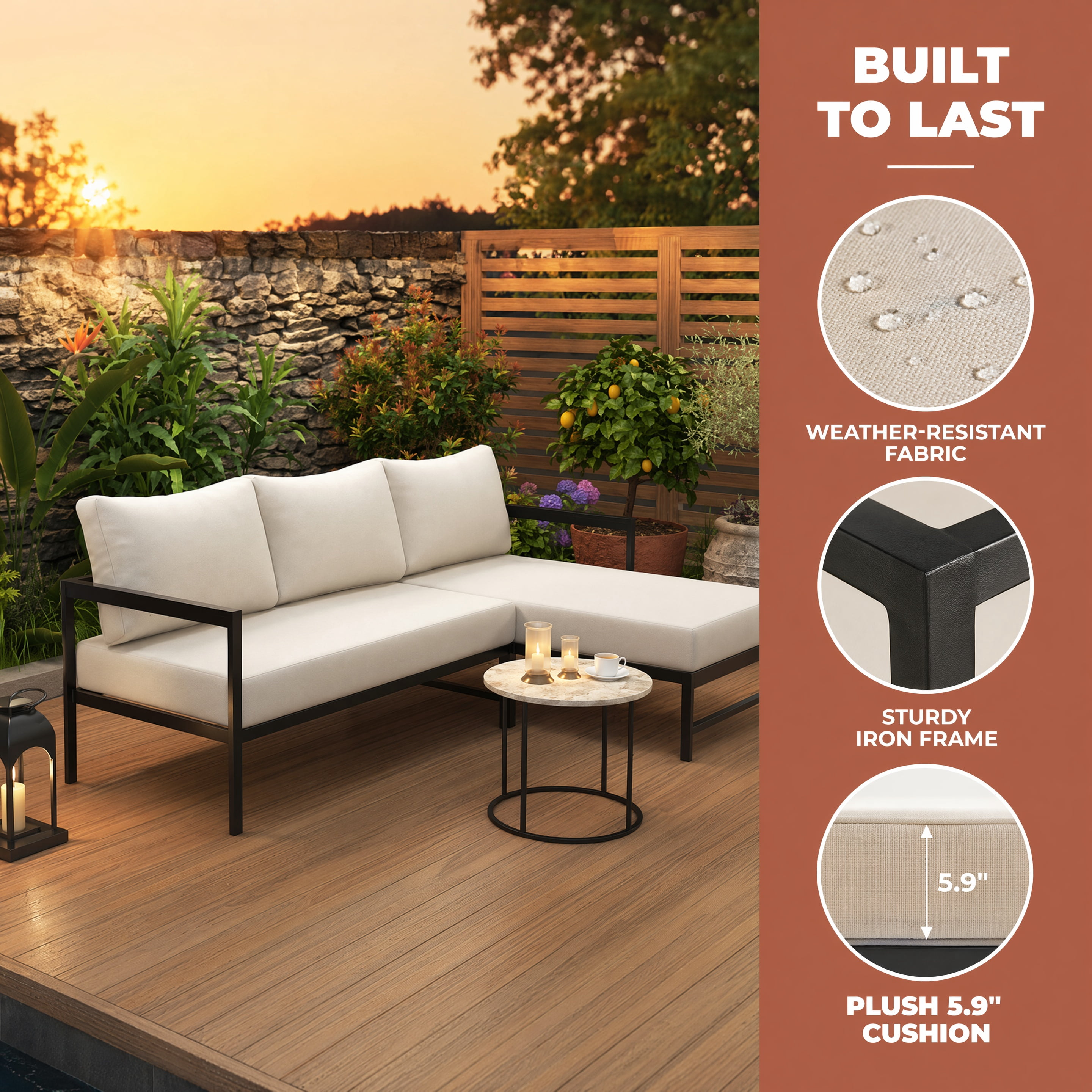 Cozynest L-Shaped Outdoor Patio Sofa Set, Weather-Resistant Iron Frame Sectional Couch with 5.9 in Thick Cushions (Beige, 3-Seat) 67d8m