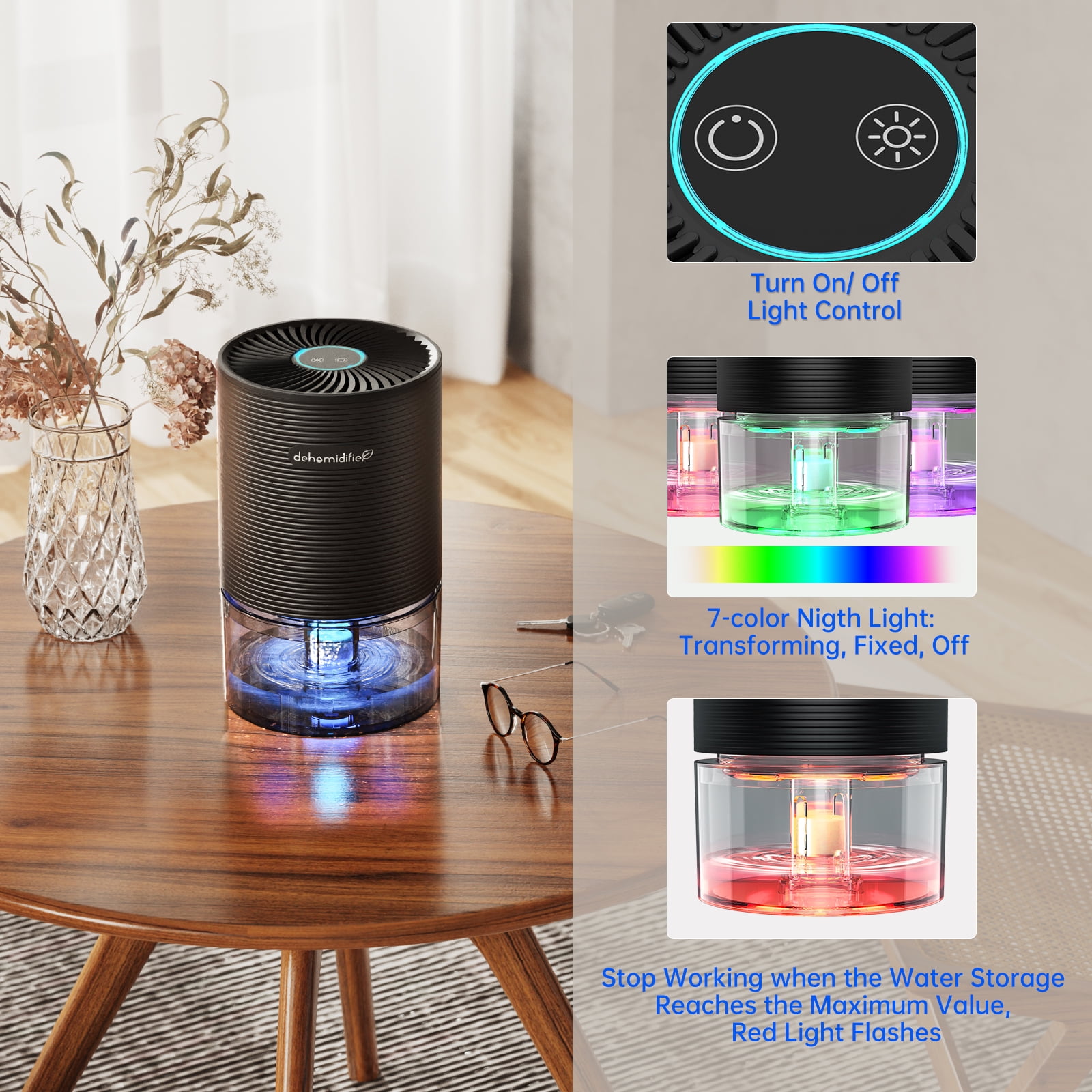 ALROCKET Small Dehumidifier for Bedroom, Quiet Moisture Extractor with Auto-Off and 7-Color LED Light (Black, 27 oz) 6iinc