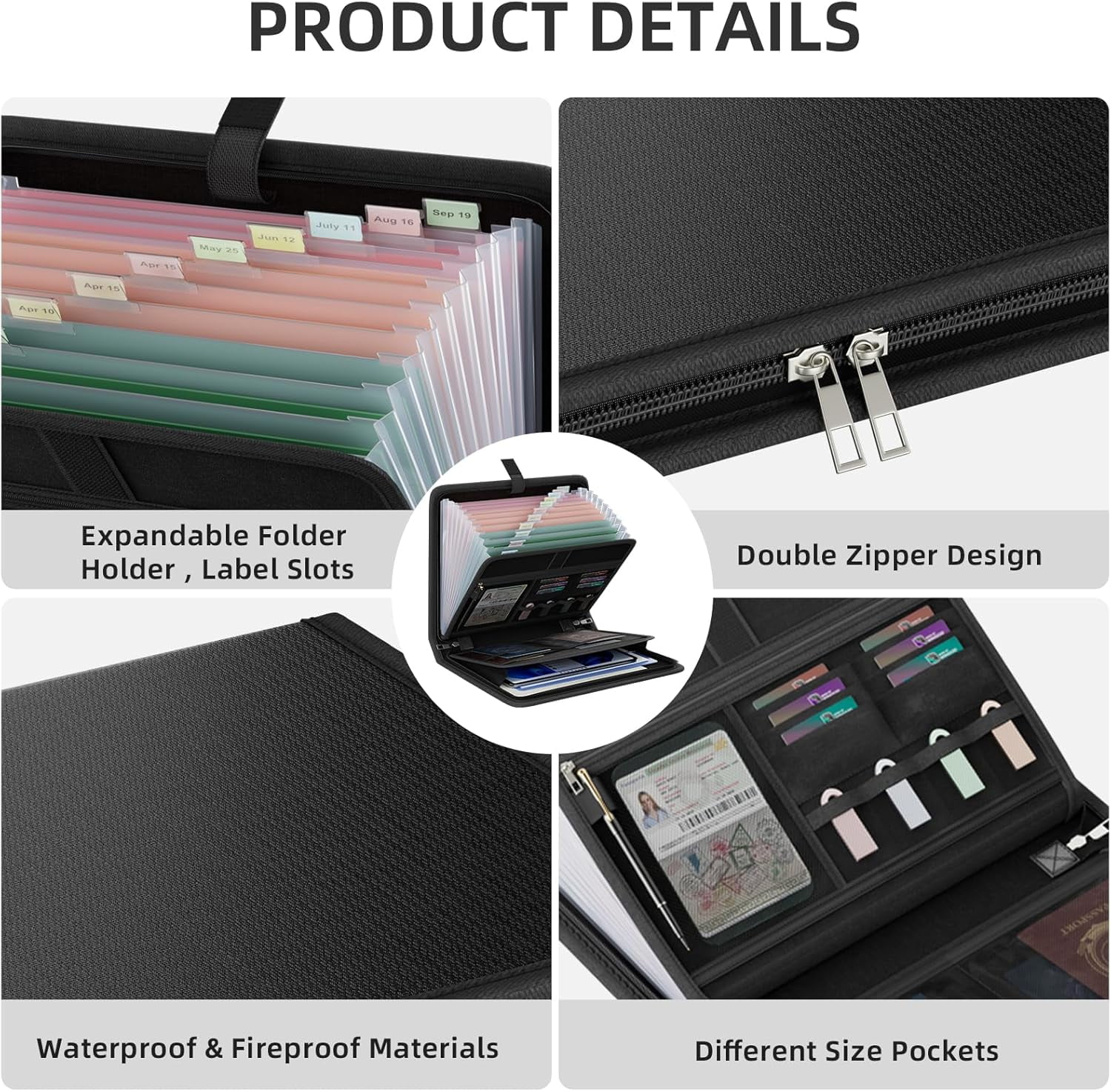 Gijjgole Fireproof Accordion File Organizer (Black, 14.17 in x 10.63 in x 1.57 in) 5c0a1
