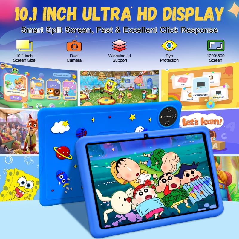 SHOUDUM Kids Tablet 10 in Android 15 Educational Learning Device with Shockproof Case (Blue, 128GB) 0vt29