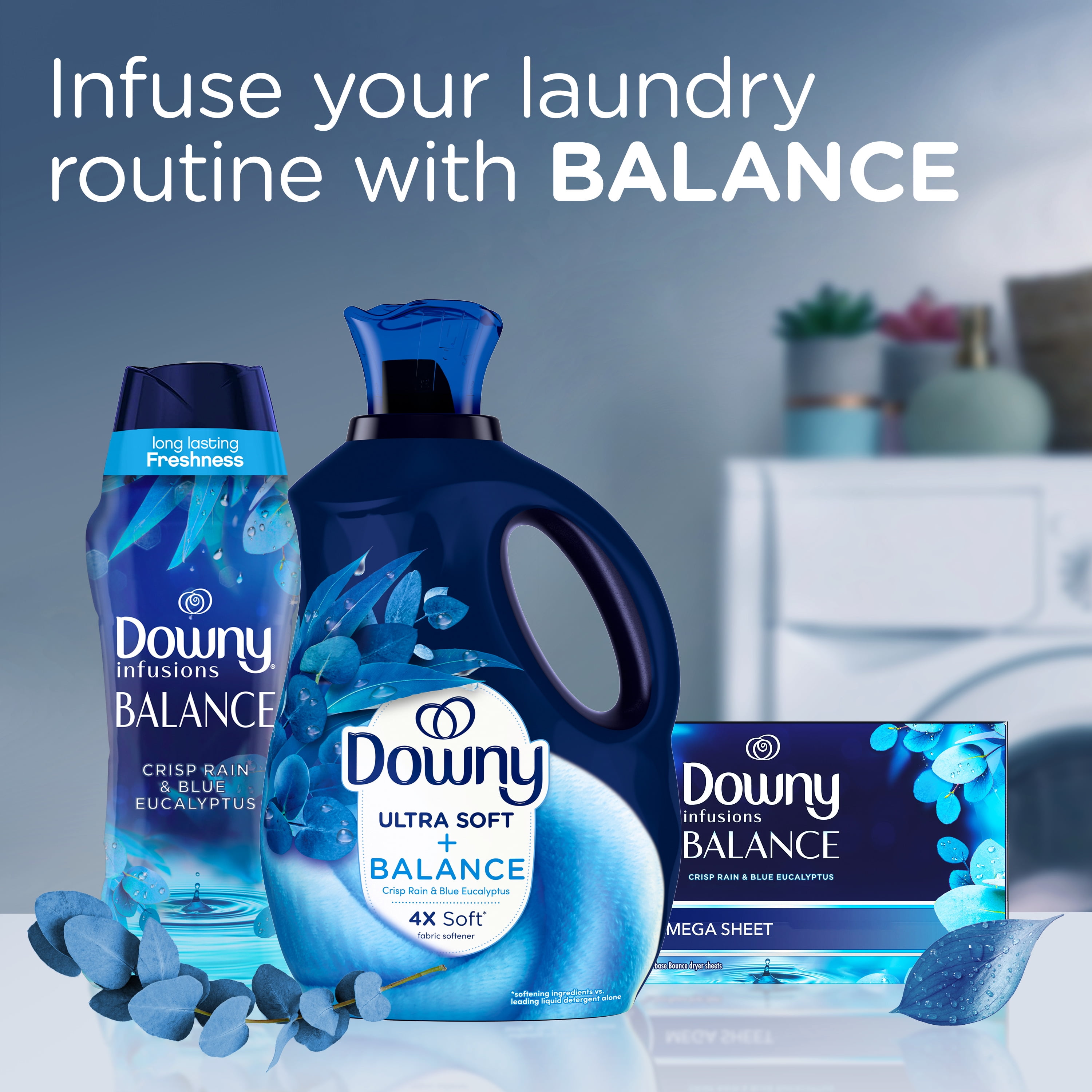 Downy Ultra Soft Liquid Fabric Softener, Crisp Rain & Blue Eucalyptus Scent, Long-Lasting Freshness (Blue, 93 fl oz) 8mmqf