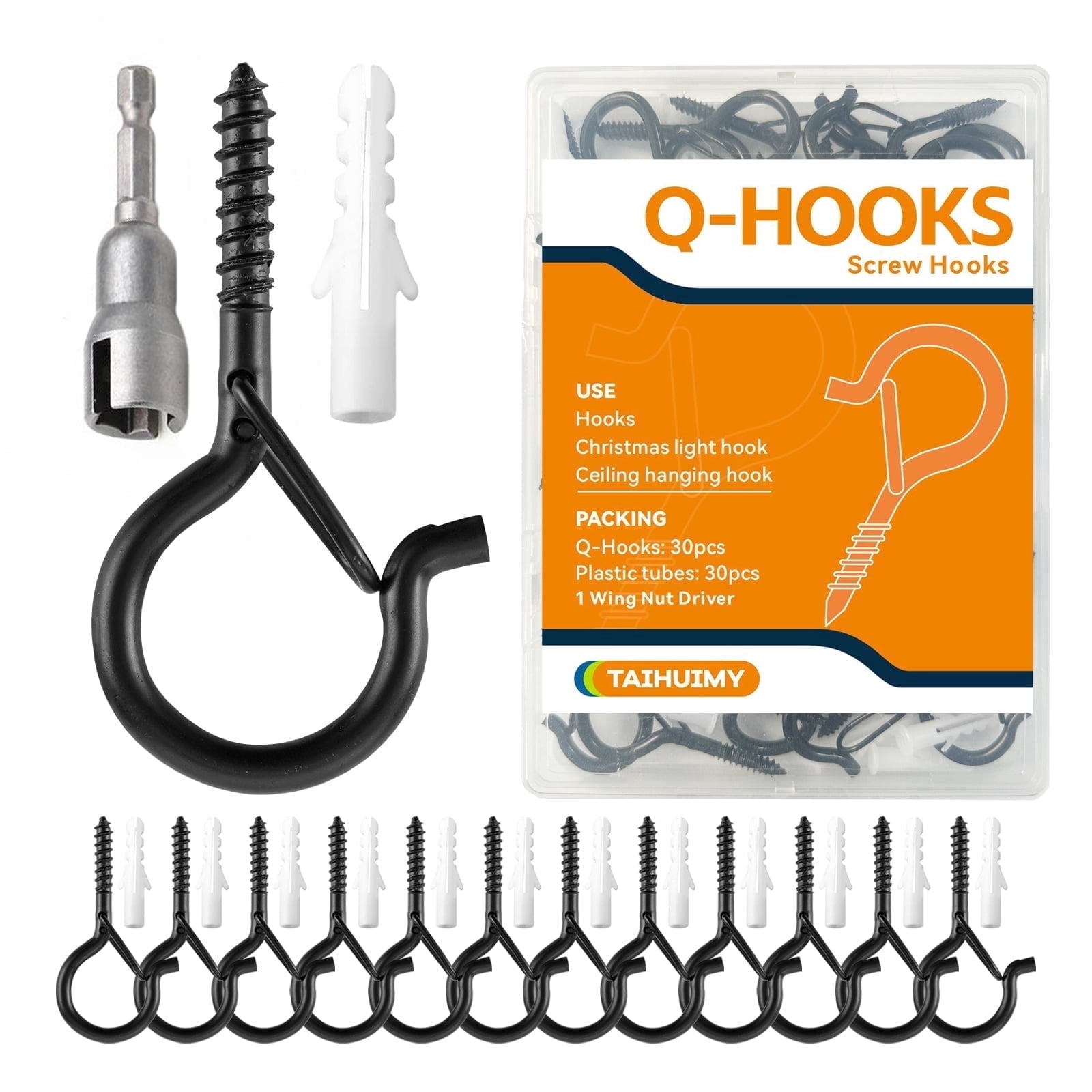 TAIHUIMY Q-Hanger Screw Hooks for Outdoor String Lights and Hanging Decor (Black, 30 Pack, 2.2 in x 1 in) 94hvl