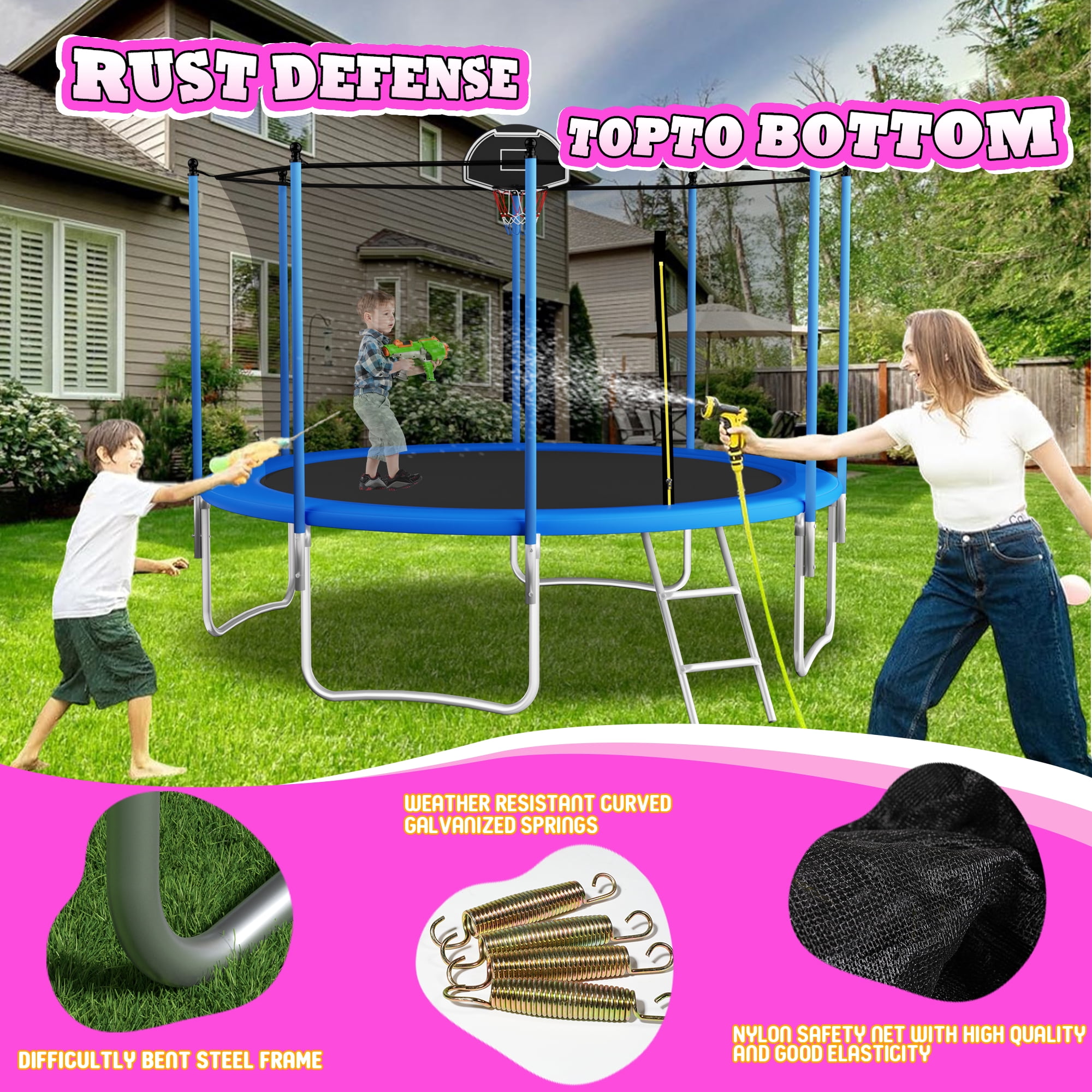 Shengchao Trade 12 ft Recreational Trampoline with Enclosure, Basketball Hoop, and Safety Ladder (Blue, 1000 lb) jjouu