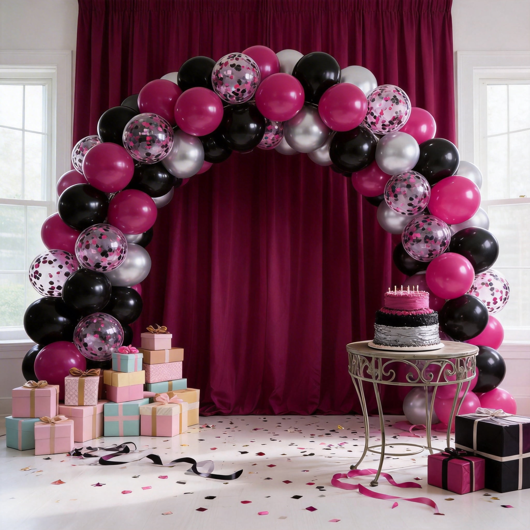 Qiameng 50-Piece Balloon Arch Kit for Party Decorations (Hot Pink, Black, Metallic Silver, 12 in) 6b1gq