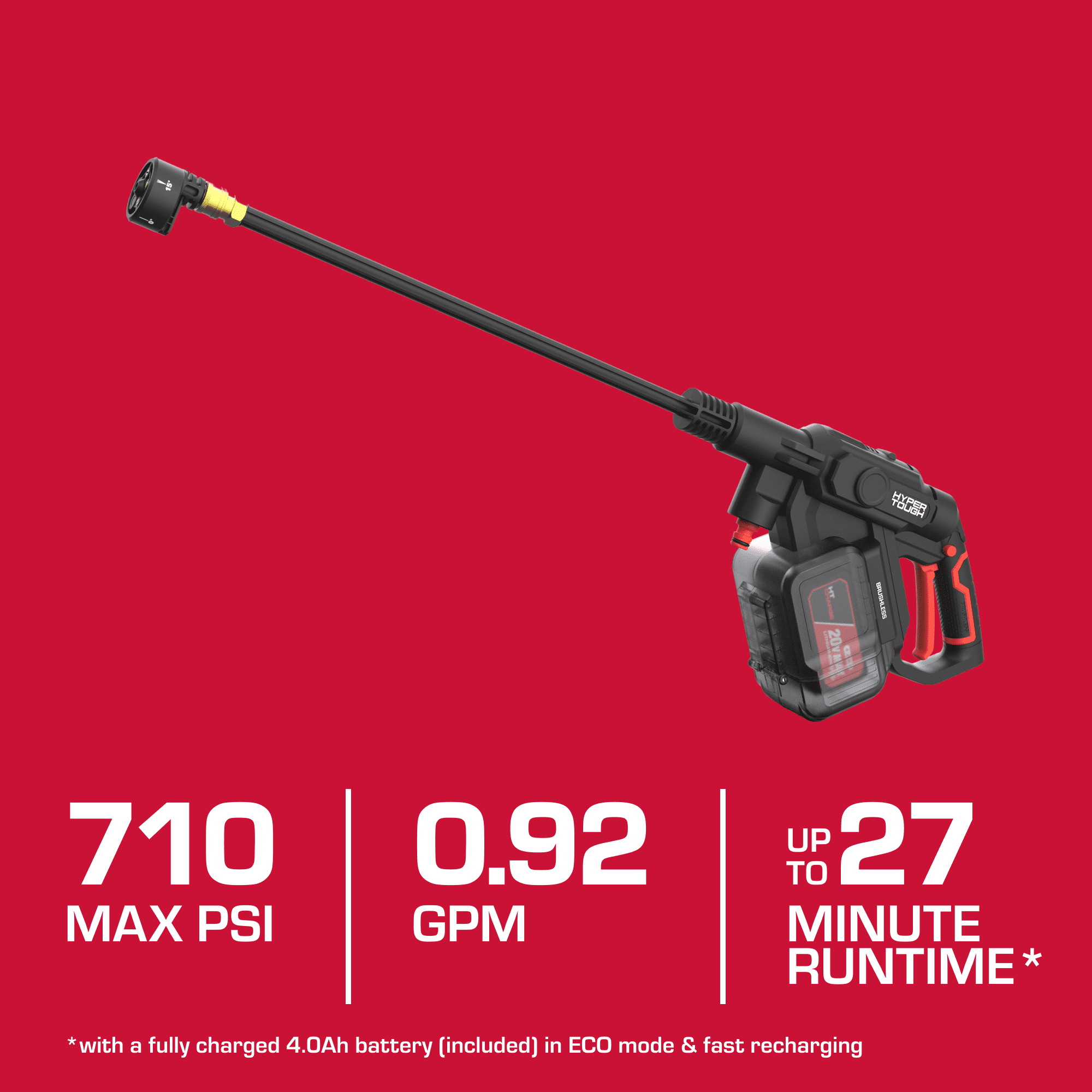 Hyper Tough 20V Brushless Cordless Portable Pressure Cleaner (710 PSI, 4.0Ah Battery Included) nyyb1