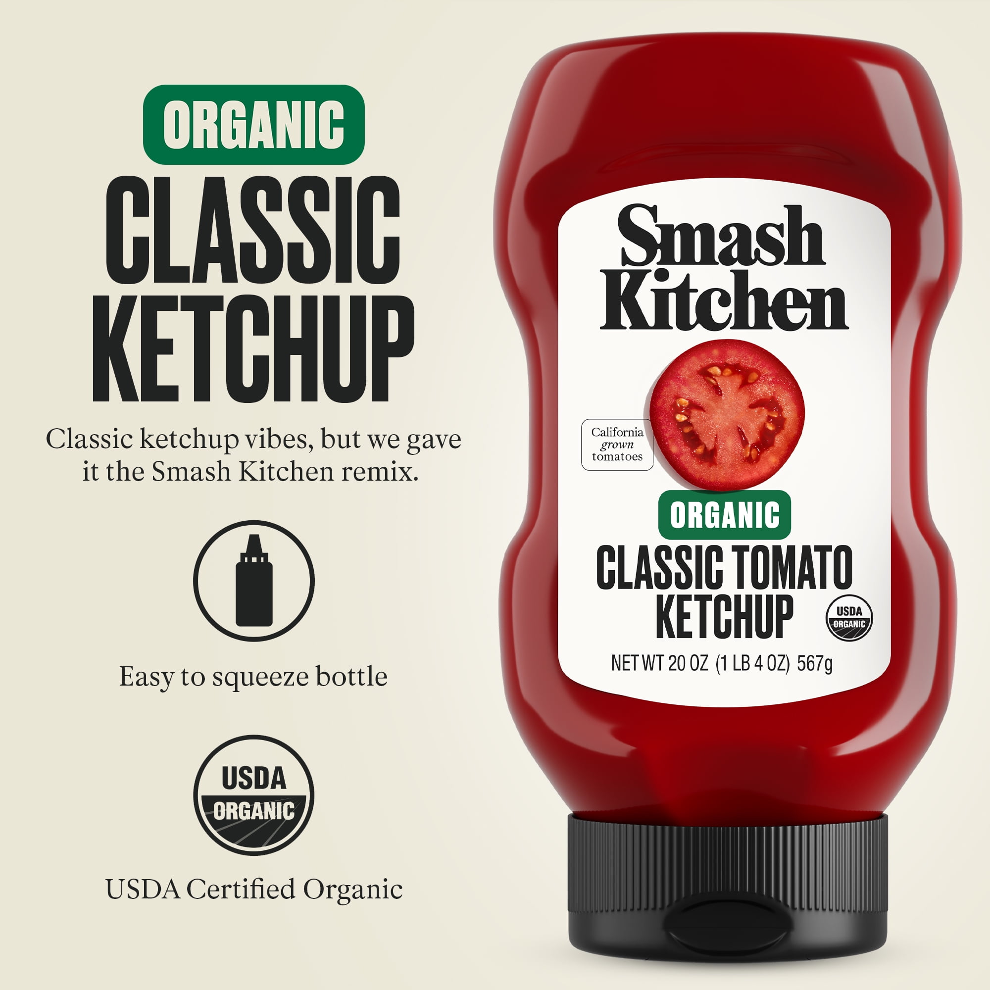 Smash Kitchen Organic Tomato Ketchup, Classic Rich Flavor (20 oz) j8gtw