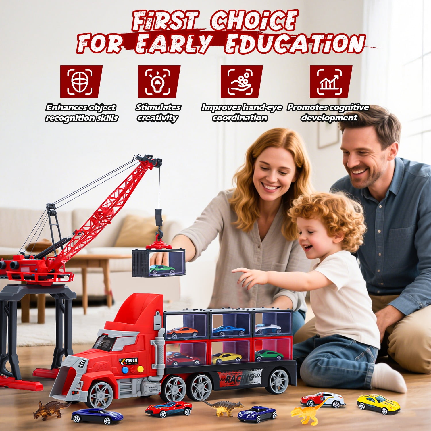 WonderStone 3-in-1 Fire Rescue Truck Playset with Crane, 12 Die-Cast Cars, and 6 Dinosaur Figures (Red, 17.33 in x 7.48 in x 4.33 in) 5bsgw
