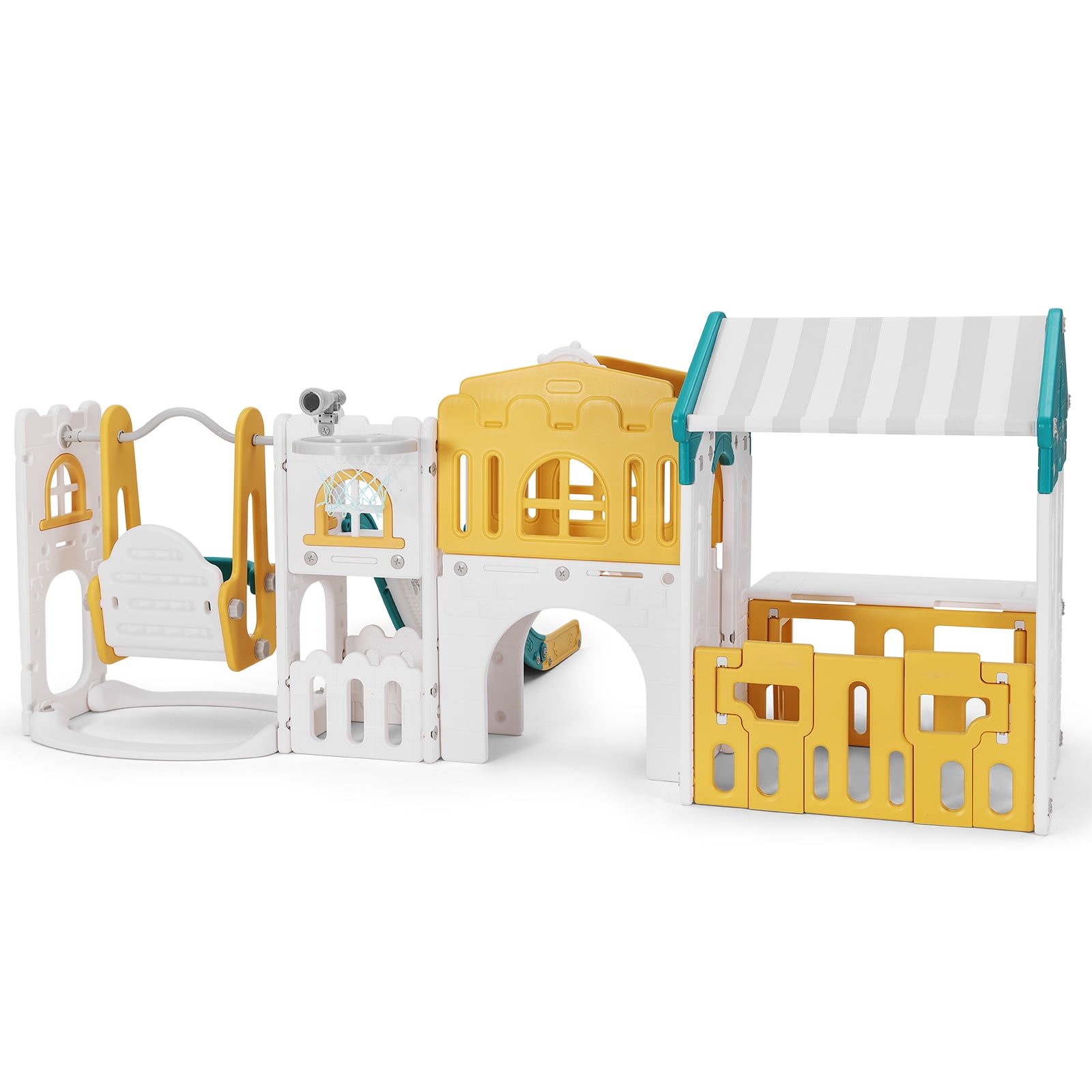 Joyldias 10-in-1 Toddler Slide and Swing Playset with Playhouse and Basketball Hoop (Green, Yellow, White) aeisf