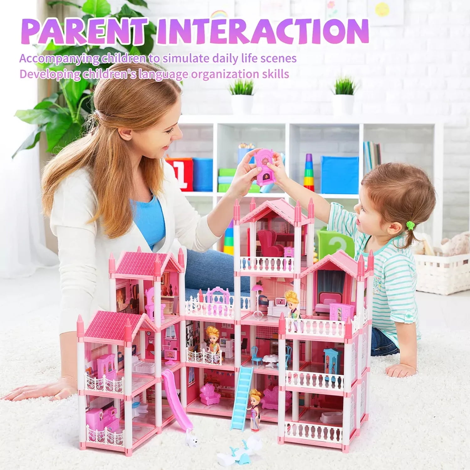 Lenbar 16-Room Dollhouse Playset with Furniture, Accessories, Colorful Lights and 3 Dolls (Pink) 7dbl9
