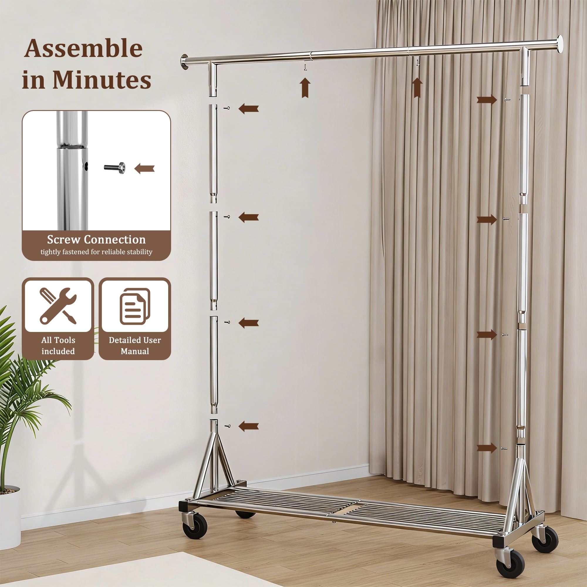 Mr IRONSTONE Heavy Duty Rolling Garment Rack, Metal Closet Organizer with Lockable Wheels and Bottom Shelf (Silver, 47 in x 17 in x 63 in) xb3xi
