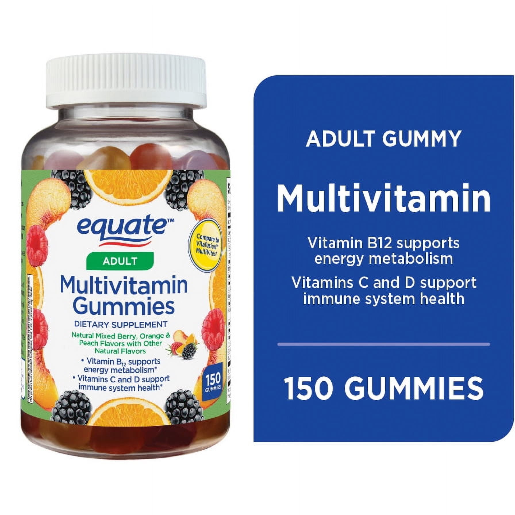 Equate Multivitamin Gummies for Immune Support, Daily Dietary Supplement (Mixed Berry, Orange, Peach, 150 Count) zj7ua