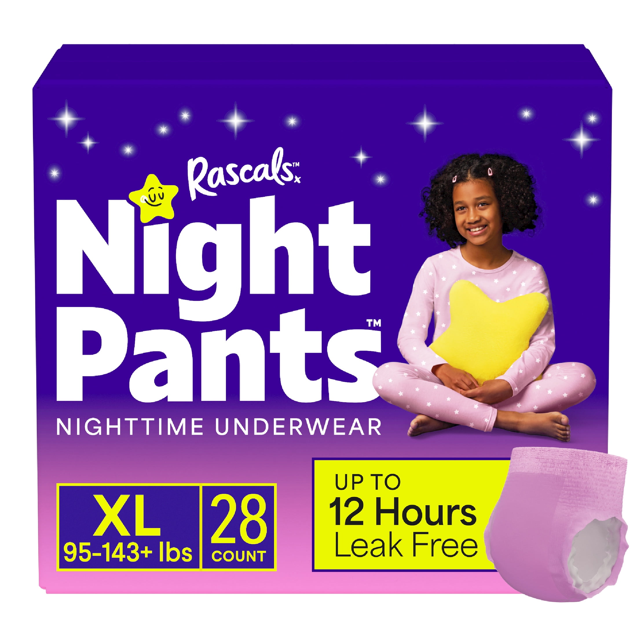 Rascals Nighttime Bedwetting Underwear for Girls, Absorbent Disposable Night Pants (Pink, XL, 28 Count) h1624