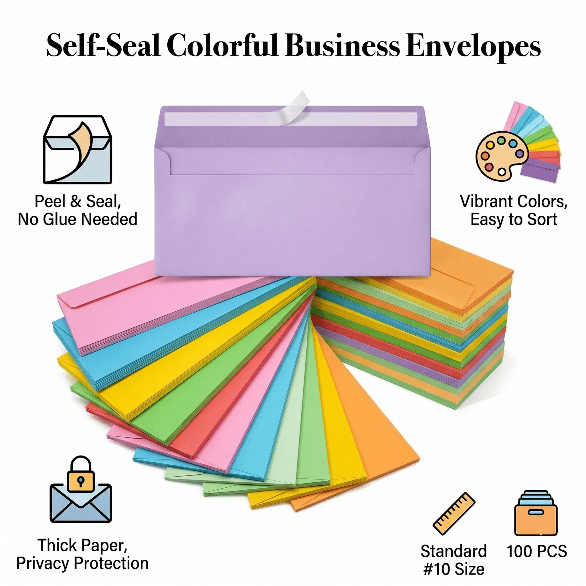 Song Yu #10 Self-Seal Business Envelopes, Vibrant Multi-Color Assortment for Office Mailing and Correspondence (100 Pack, 4.13 in x 9.49 in) x0dte