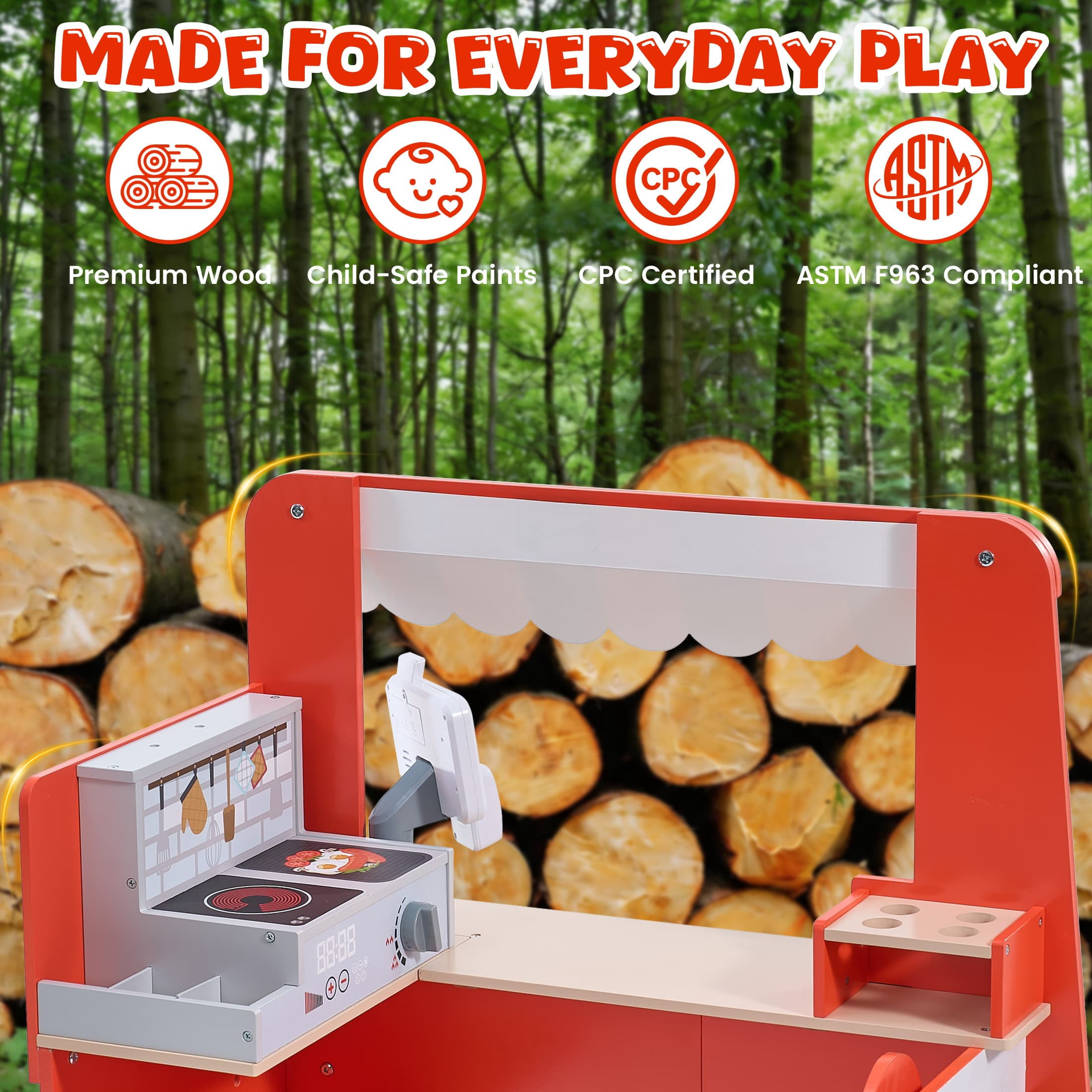iYofe Wooden Food Truck Play Kitchen Set with Interactive Light and Sound (Red, 31.69 in x 18.1 in x 36.61 in) ilptb