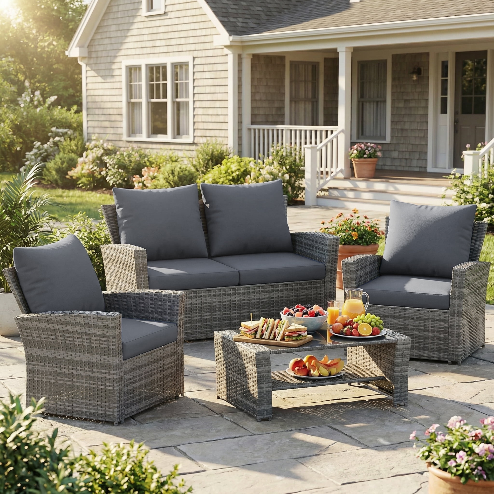 UDPATIO 4-Piece Wicker Patio Furniture Set, Outdoor Sectional Conversation Sofa with Cushions (Gray, 4-Piece Set) 0rb7t