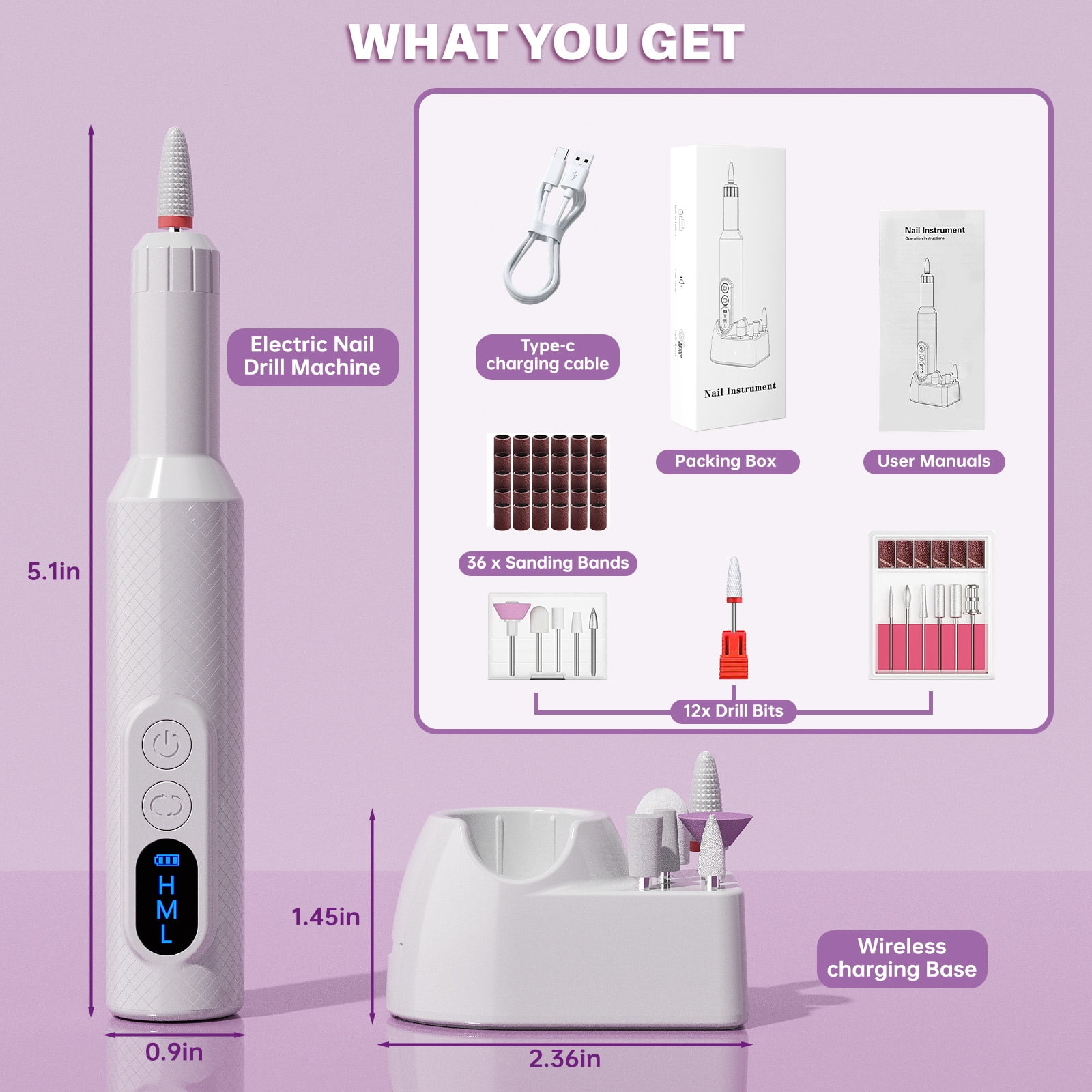 Cshidworld Electric Nail Drill Kit, Cordless Manicure Pedicure File with 12 Drill Bits & Wireless Charging Base (White) p2y0f