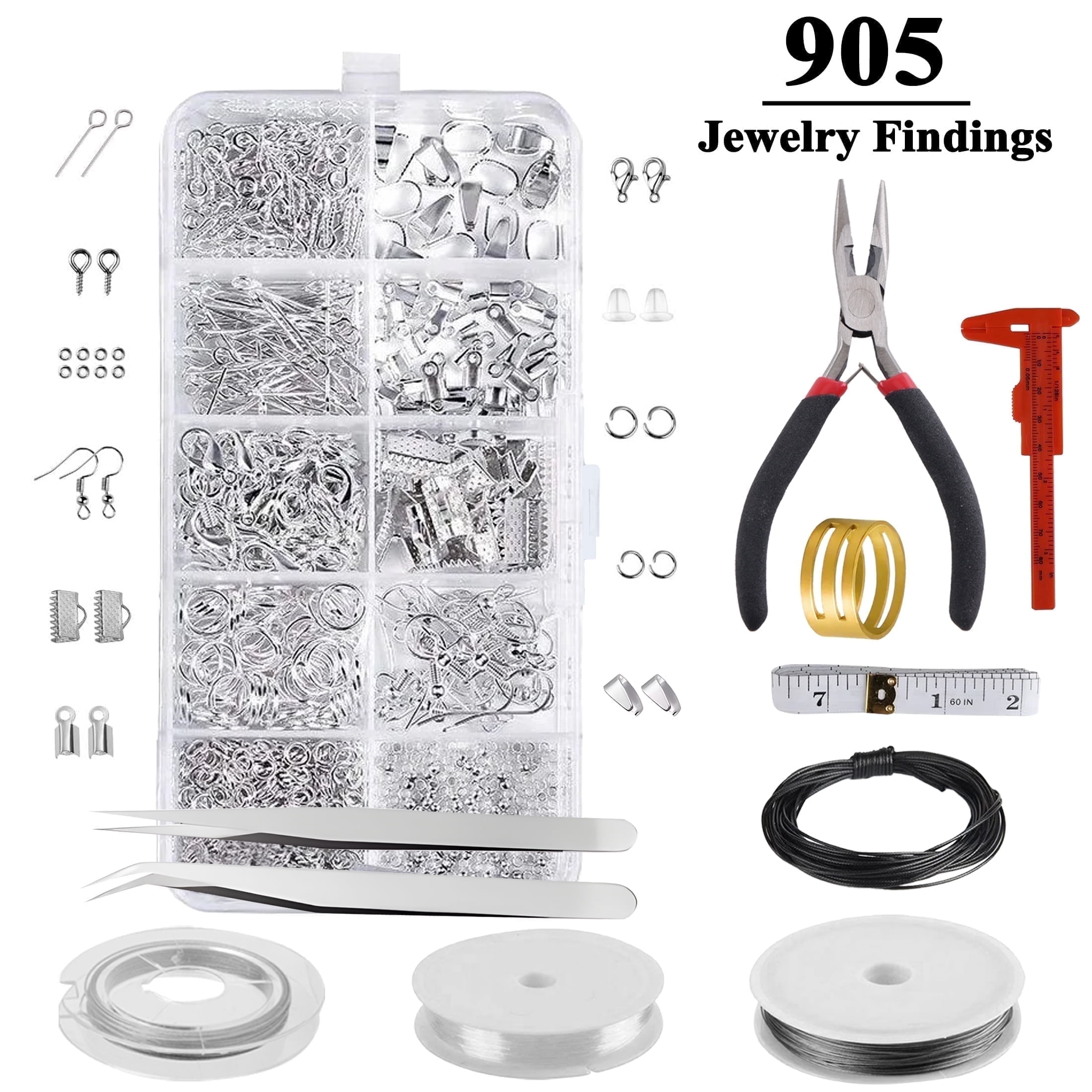 Yalumo Jewelry Making Supplies Kit, DIY Craft Repair Set with Pliers, Findings, and Beading Wires (Silver, 905 Pcs) vo9yo
