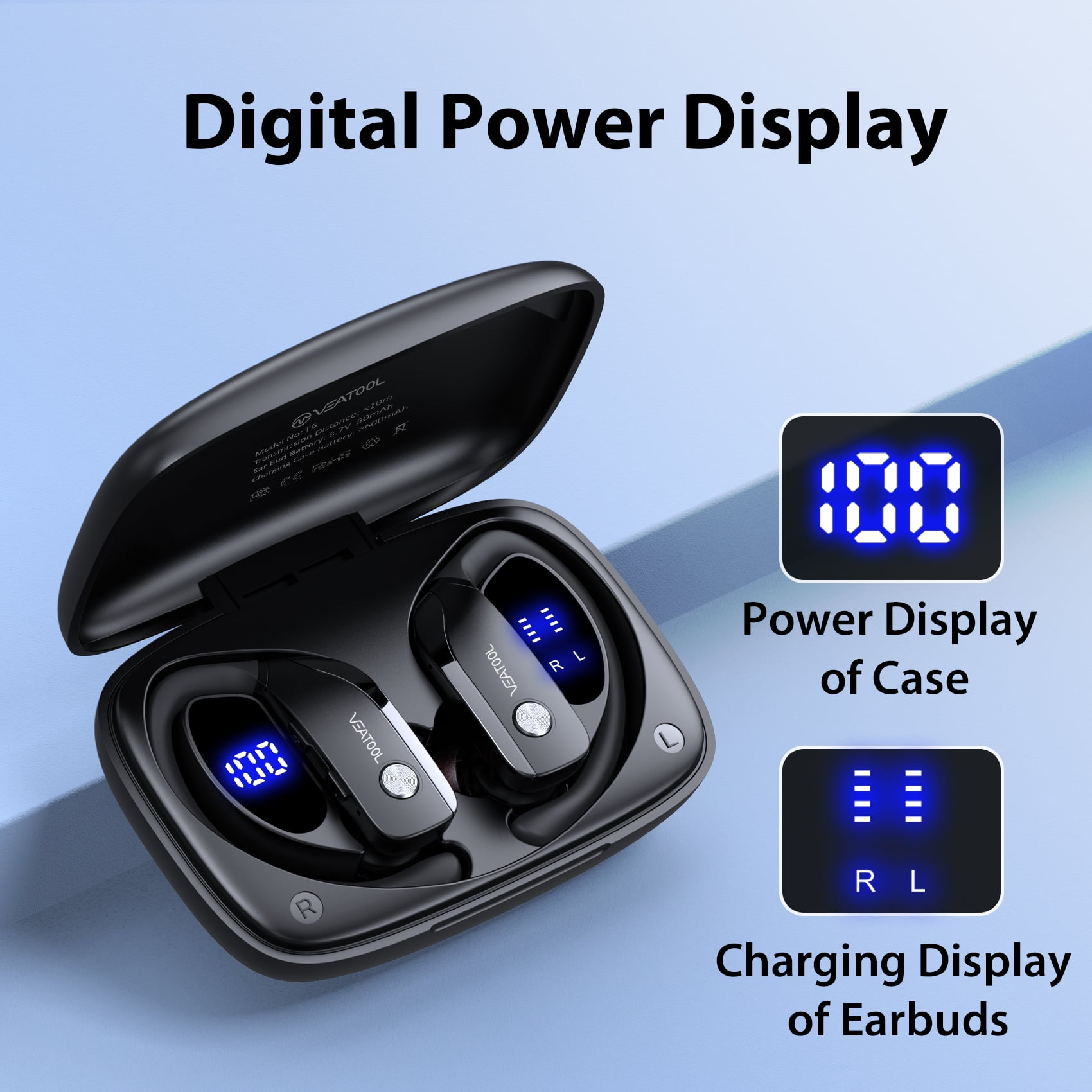VEAT00L Wireless Earbuds Bluetooth 5.4 Sport Headphones with Earhooks and Noise Cancelling Microphone (Black) 95drk