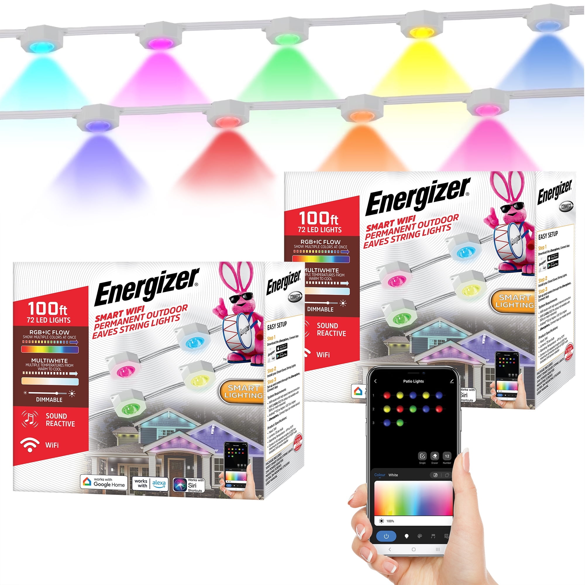 Energizer Smart WiFi Outdoor Permanent LED String Lights, RGB+IC Color-Changing, App & Voice Control, Weatherproof (Multi-Color, 100 ft) kqpcp