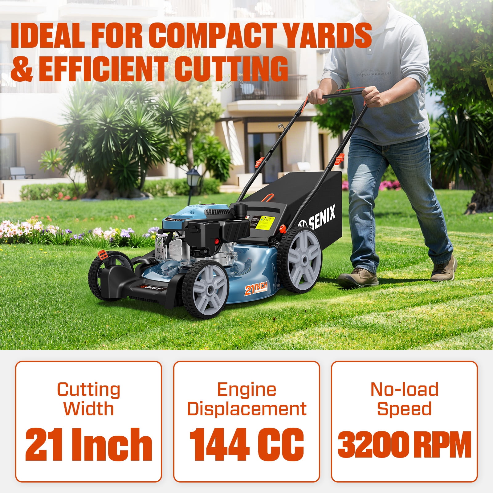 Senix Gas Lawn Mower 21 in Cutting Width 144cc 4-Cycle Engine 3-in-1 (Blue, 21 in) hnvuj