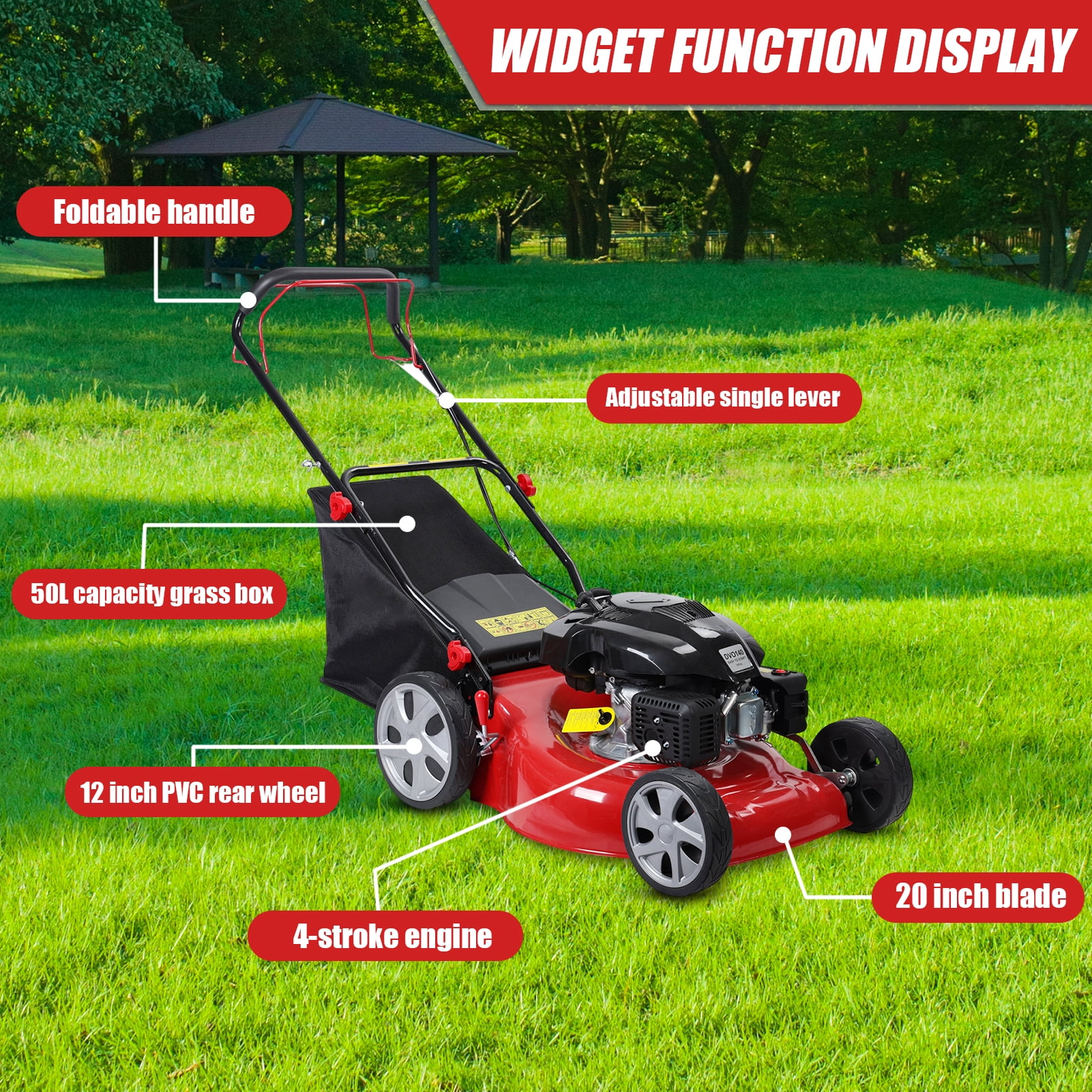 Cixusio 141cc Self-Propelled Gas Lawn Mower with 20-inch Cutting Deck (Red, 13.2 gal Grass Collection) vor89