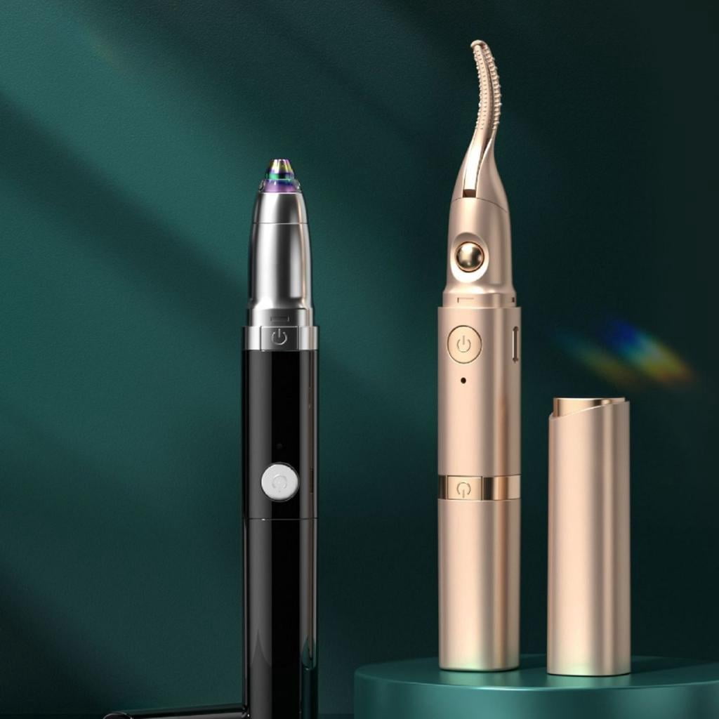 Necvior 2-in-1 Electric Eyebrow Trimmer and Heated Eyelash Curler, Precision Facial Hair Remover (Gold) l3n2t