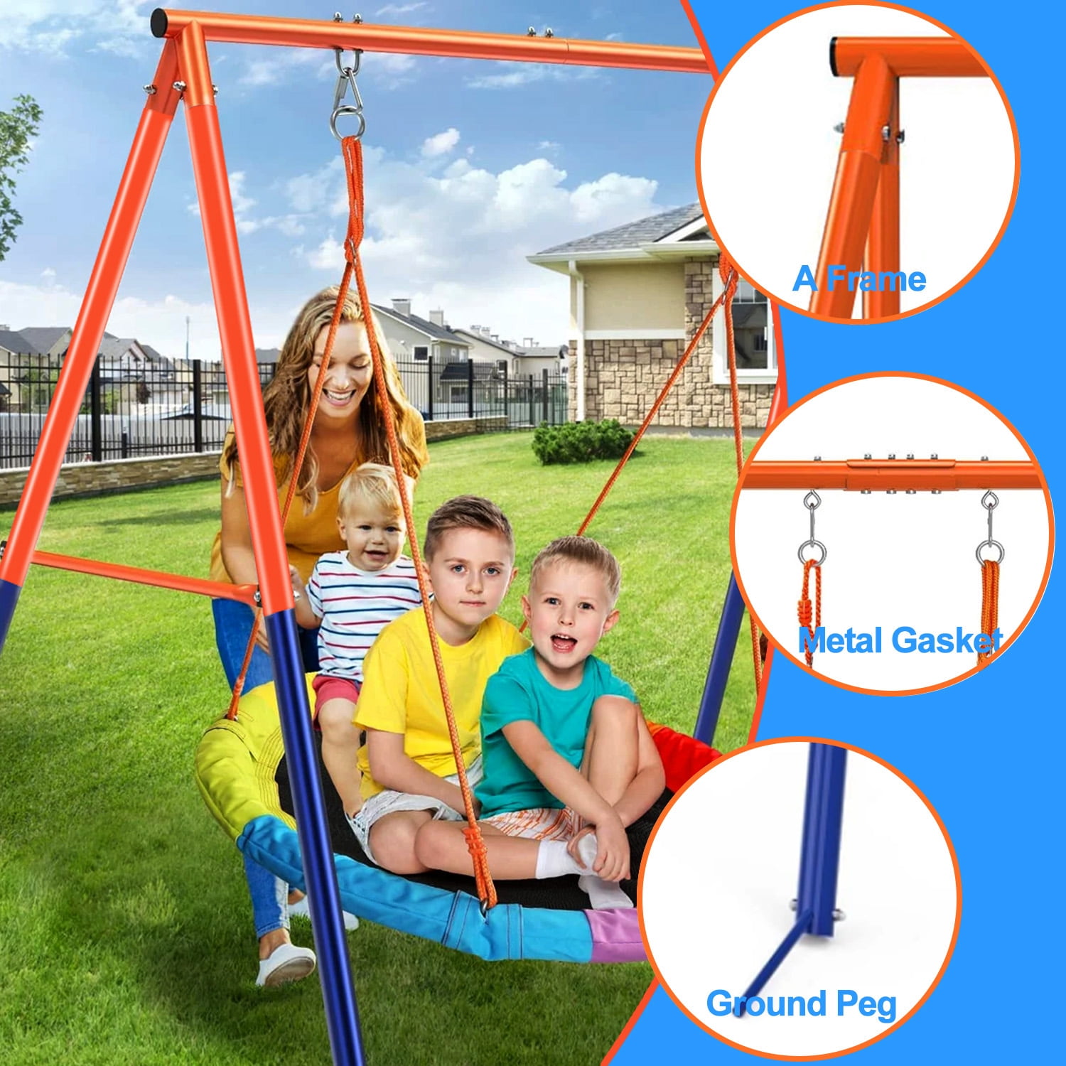 Camkey Heavy Duty Metal Swing Set for Kids with Saucer and Belt Seats (Blue, 440 lb Capacity) n77fa
