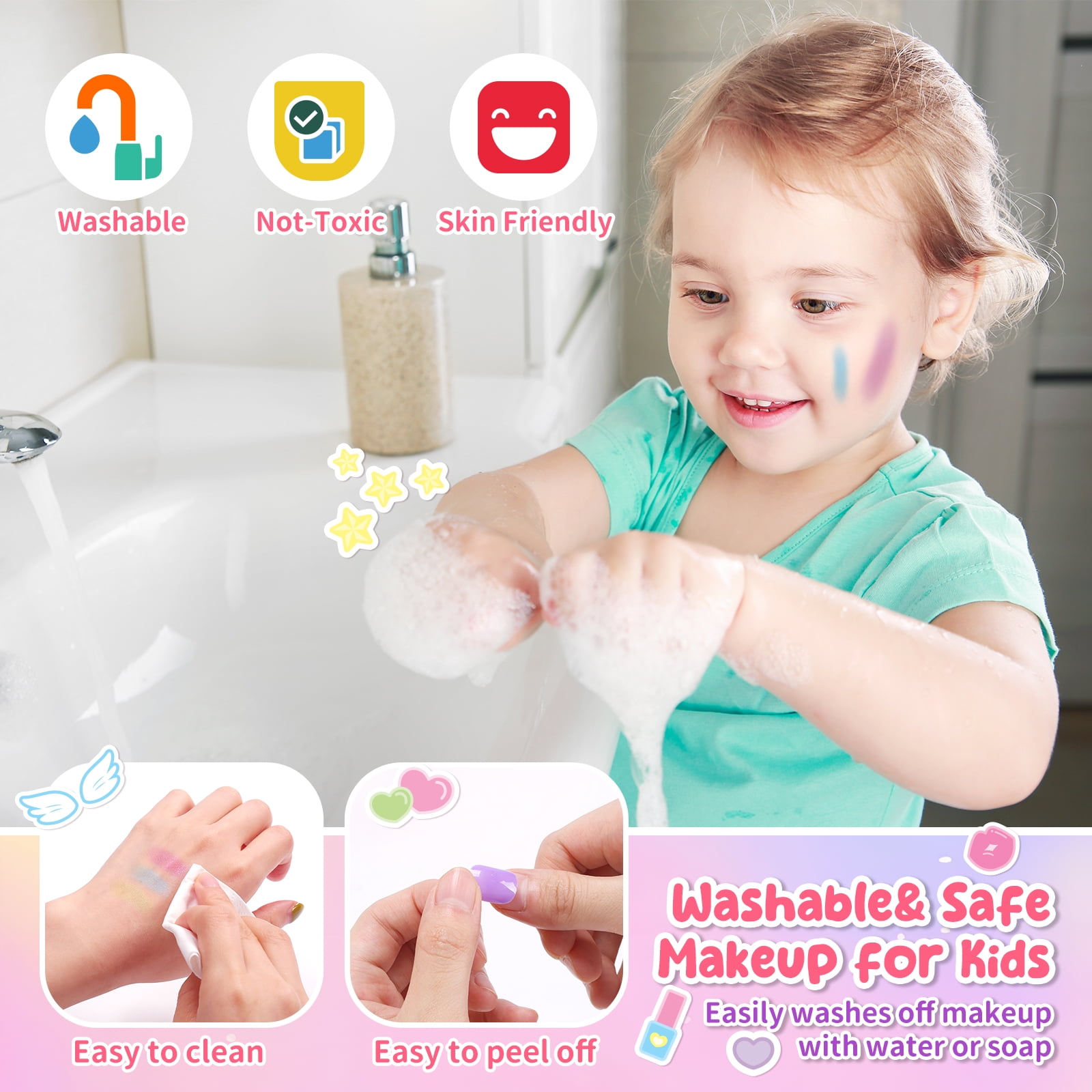 JoyStone Kids Washable Makeup Kit, Pretend Play Vanity Set with Carrying Case (Pink, 62-Piece Set) 6yhxu