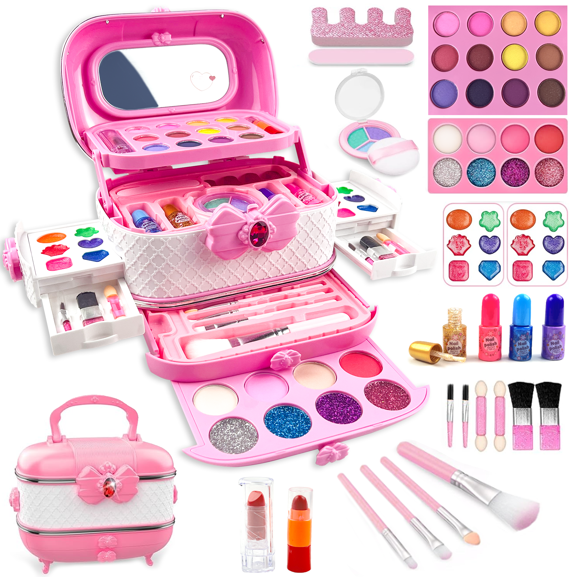 Richgv Kids Makeup Kit, Pretend Play Cosmetic Set for Girls, Washable Beauty Activity Case (Pink, 57 Pcs) vkepg