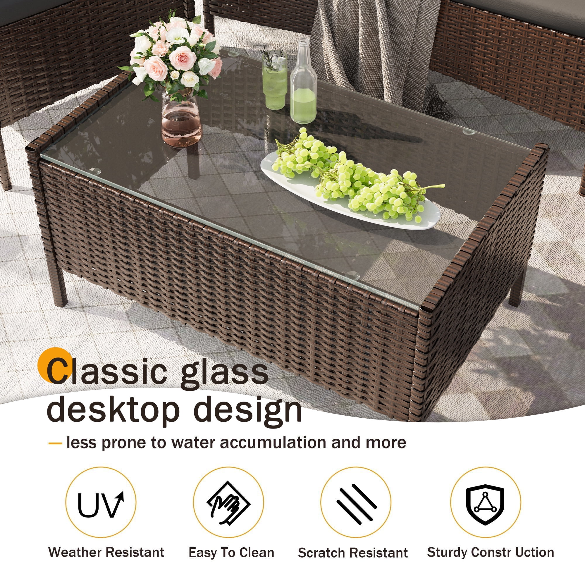 MRUAKA 4-Piece Outdoor Wicker Patio Furniture Set with Cushions and Coffee Table (Grey, 4-Piece Set) d54ge
