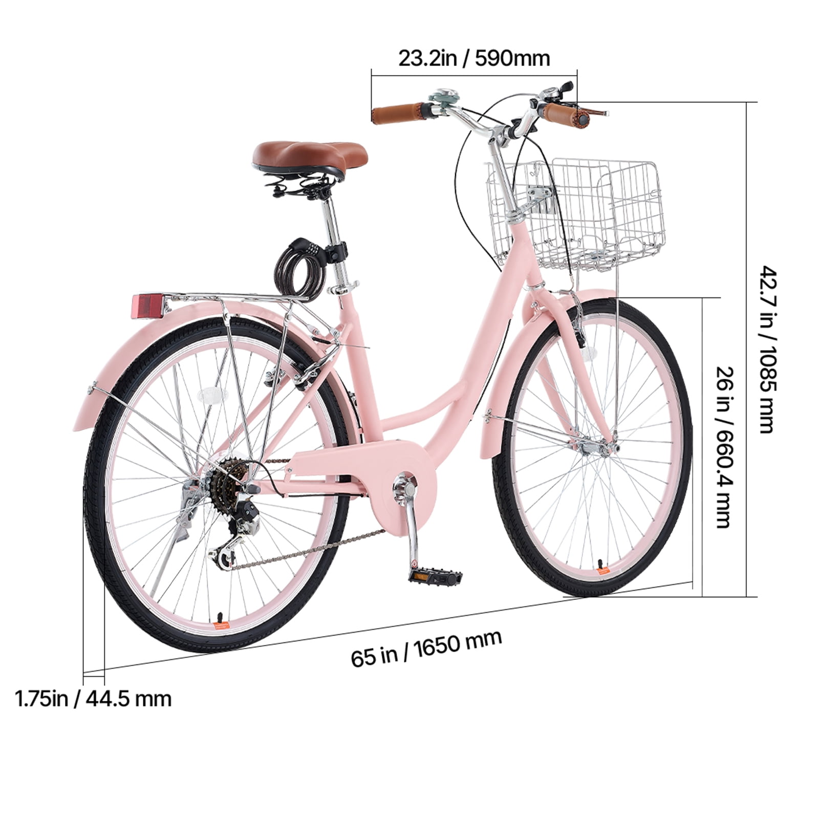 KFFKFF 26 in Cruiser Bike, 7-Speed Beach Bicycle with Basket and Rear Rack, Carbon Steel Frame for Adults (Rose-Tinted, 26 in) txqv8