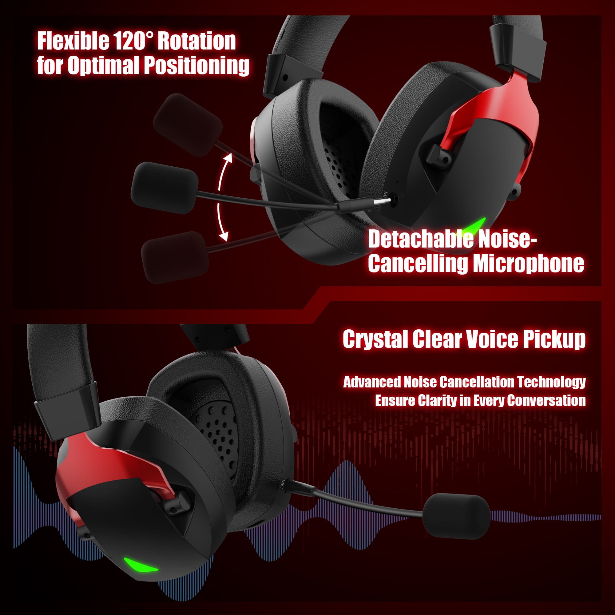 Mollan Wireless Gaming Headphones, Over-Ear Noise-Canceling Headset with RGB Lighting (Red, 1 Pack) bmij5