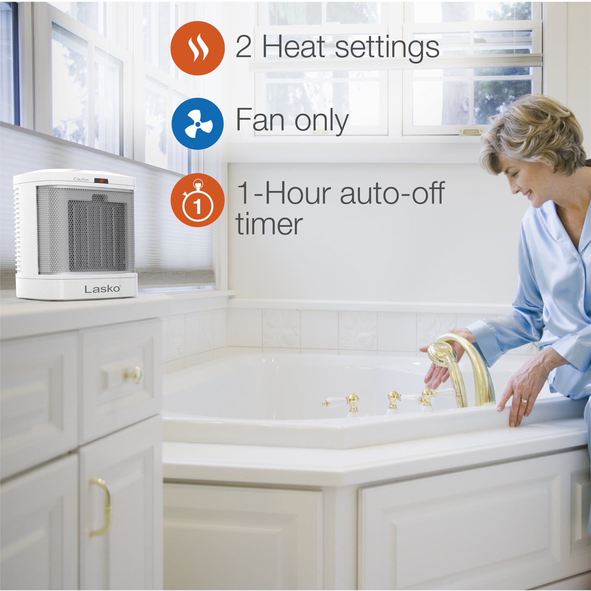 Lasko 8 in 1500W Electric Bathroom Space Heater with ALCI Safety Plug and Timer (White) 6dt1x