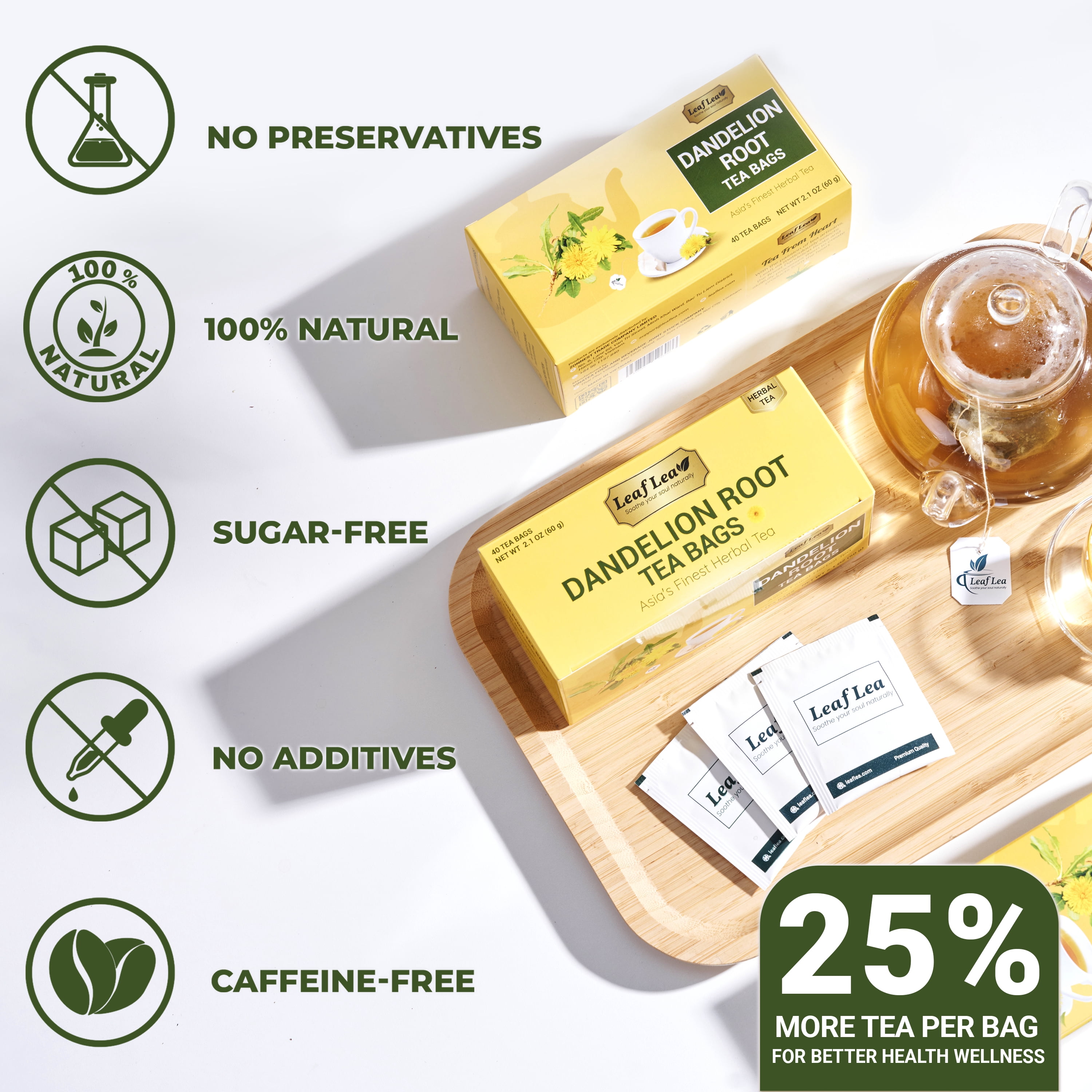 LeafLea Dandelion Root Herbal Tea Bags, Caffeine-Free Natural Tea Blend (240 Count, 6 Packs) l146r