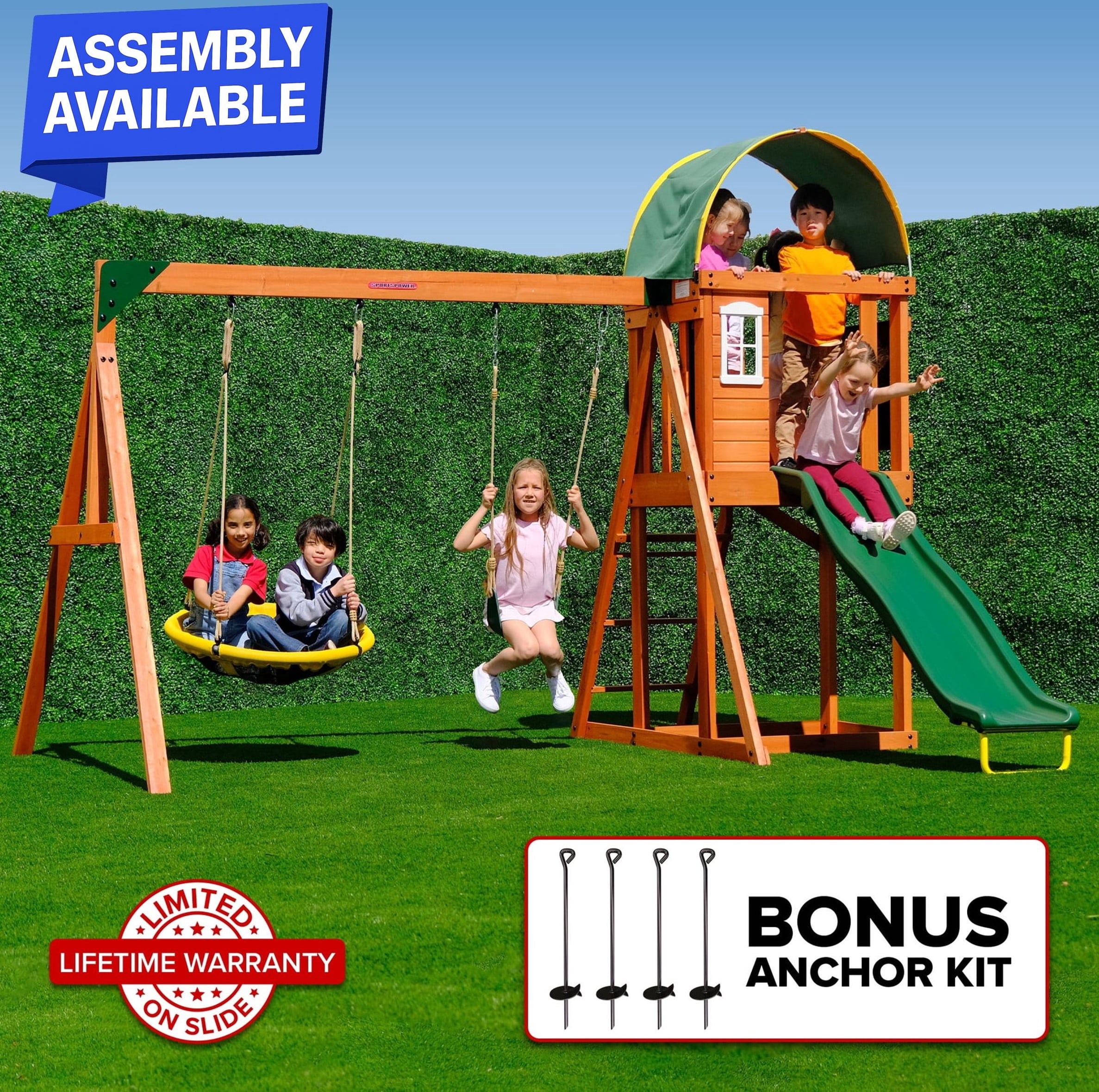 Sportspower Amelia Wooden Swing Set with Saucer Swing, 6 ft Slide, and Play Fort (Multi-Color, One Size) 1ni6f