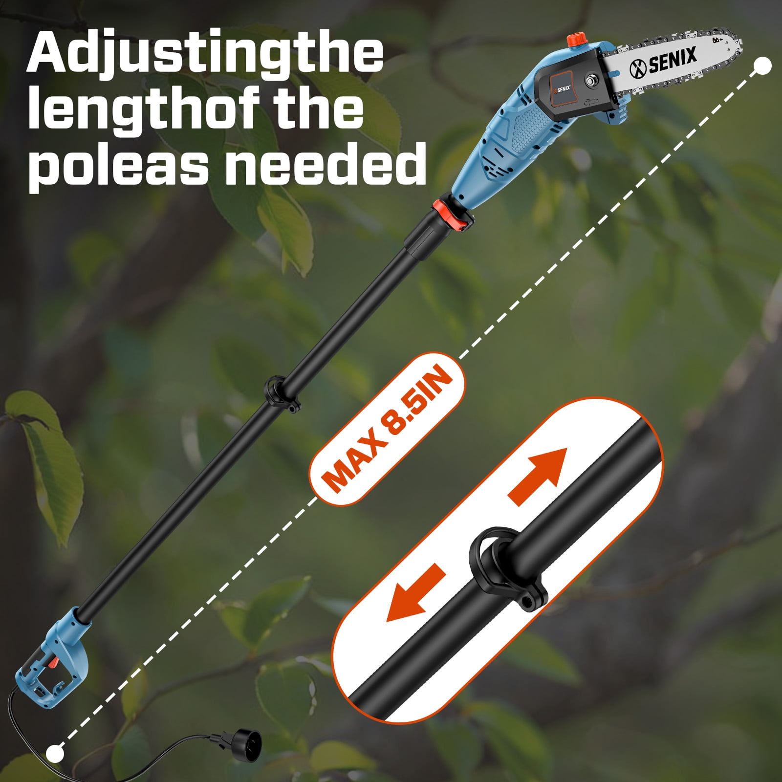Senix 120V Corded Electric Pole Saw (Blue, 8 in Bar, 103 in Reach) t10an