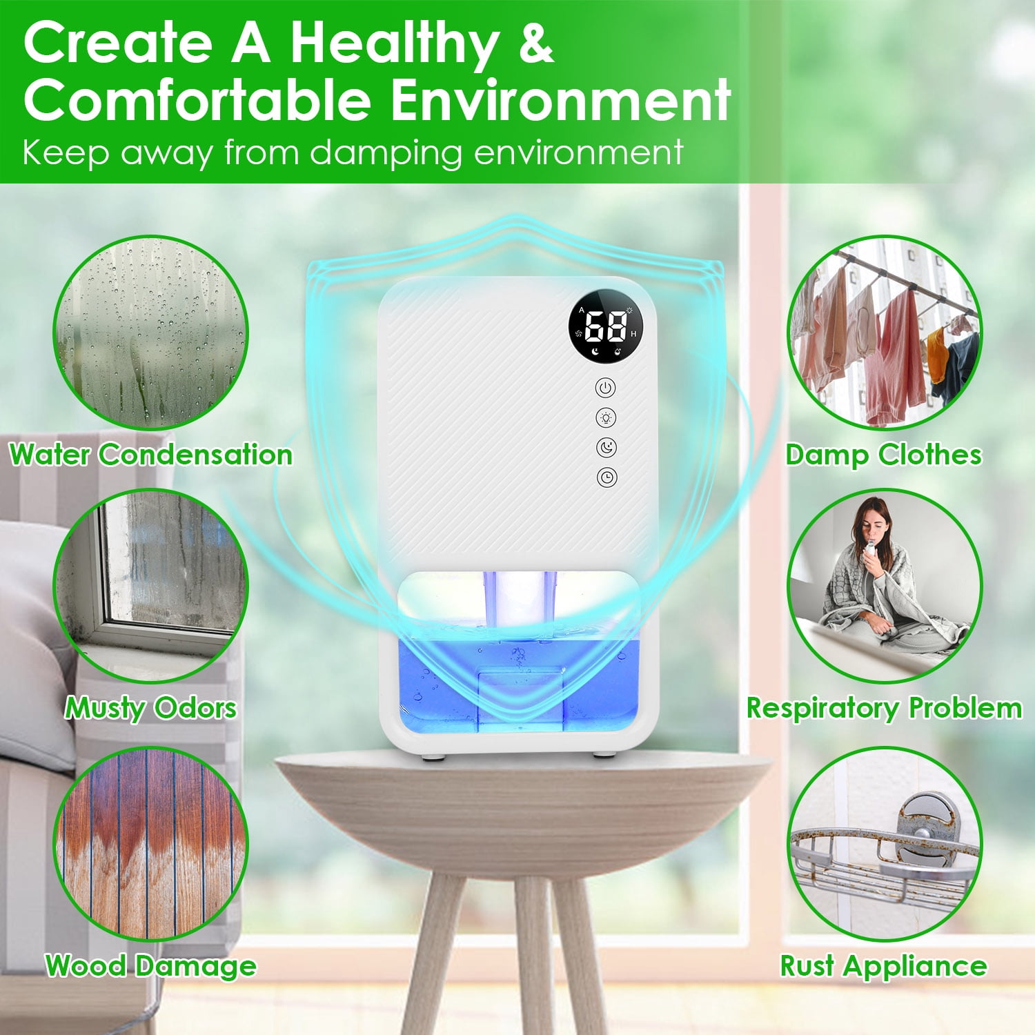 iMounTEK Portable Dehumidifier for Home, Quiet Small Room Moisture Remover with Auto Shut-Off and 7-Color LED (White, 37 fl oz) o4xcs