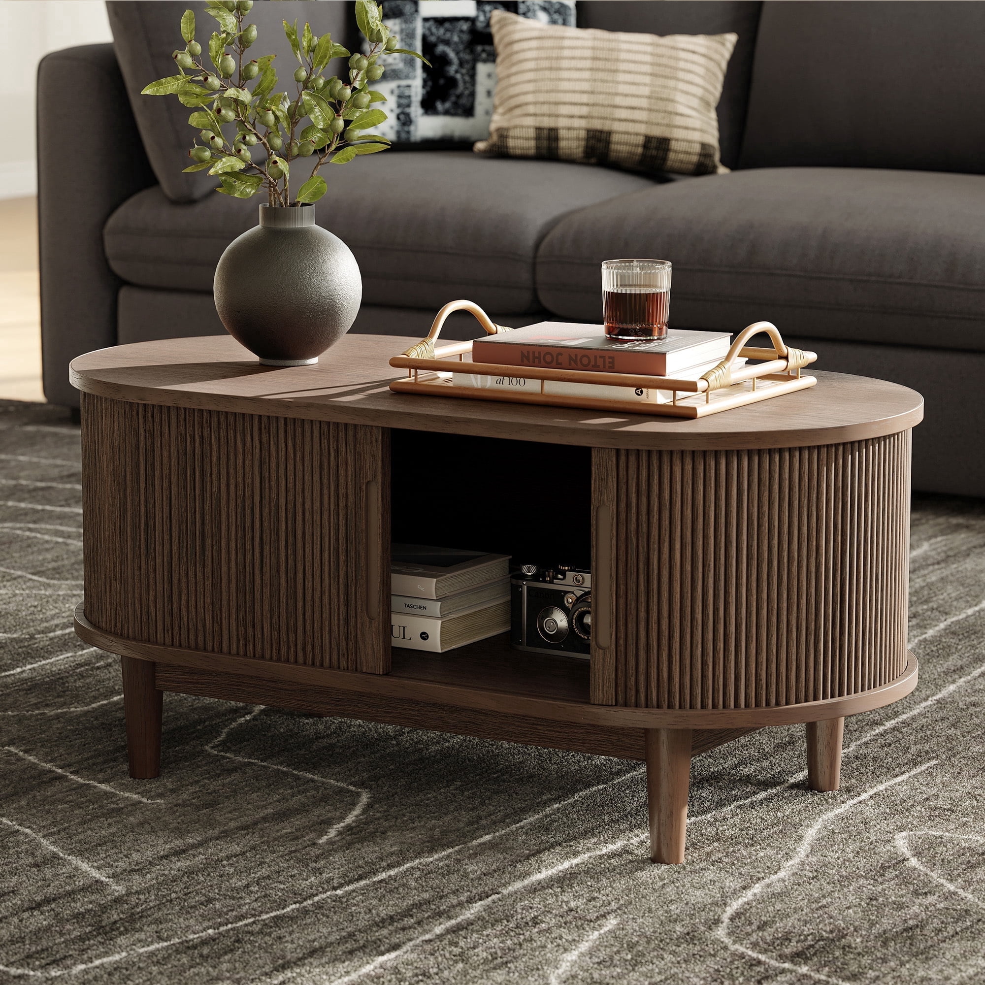 LINSY HOME Fluted Coffee Table with Storage, Mid-Century Modern Living Room Furniture with Sliding Tambour Doors (Walnut, 47.2 in x 23.6 in x 17.7 in) 3zusi