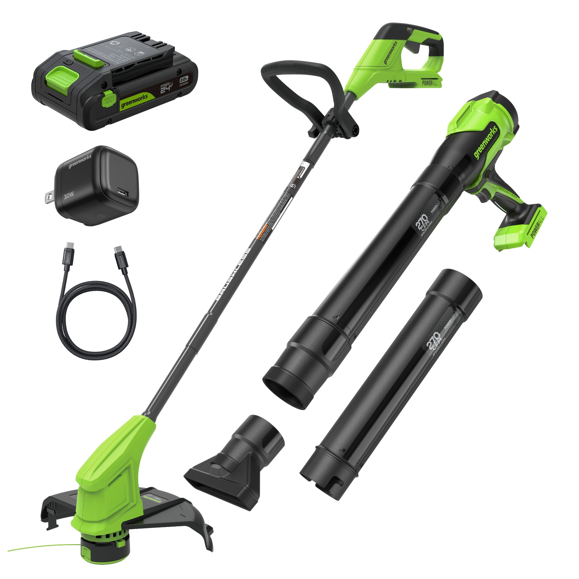 Greenworks PowerAll 24V 12 in String Trimmer and 270 CFM Handheld Blower Combo Kit (Green, 1 Battery) 87ehc