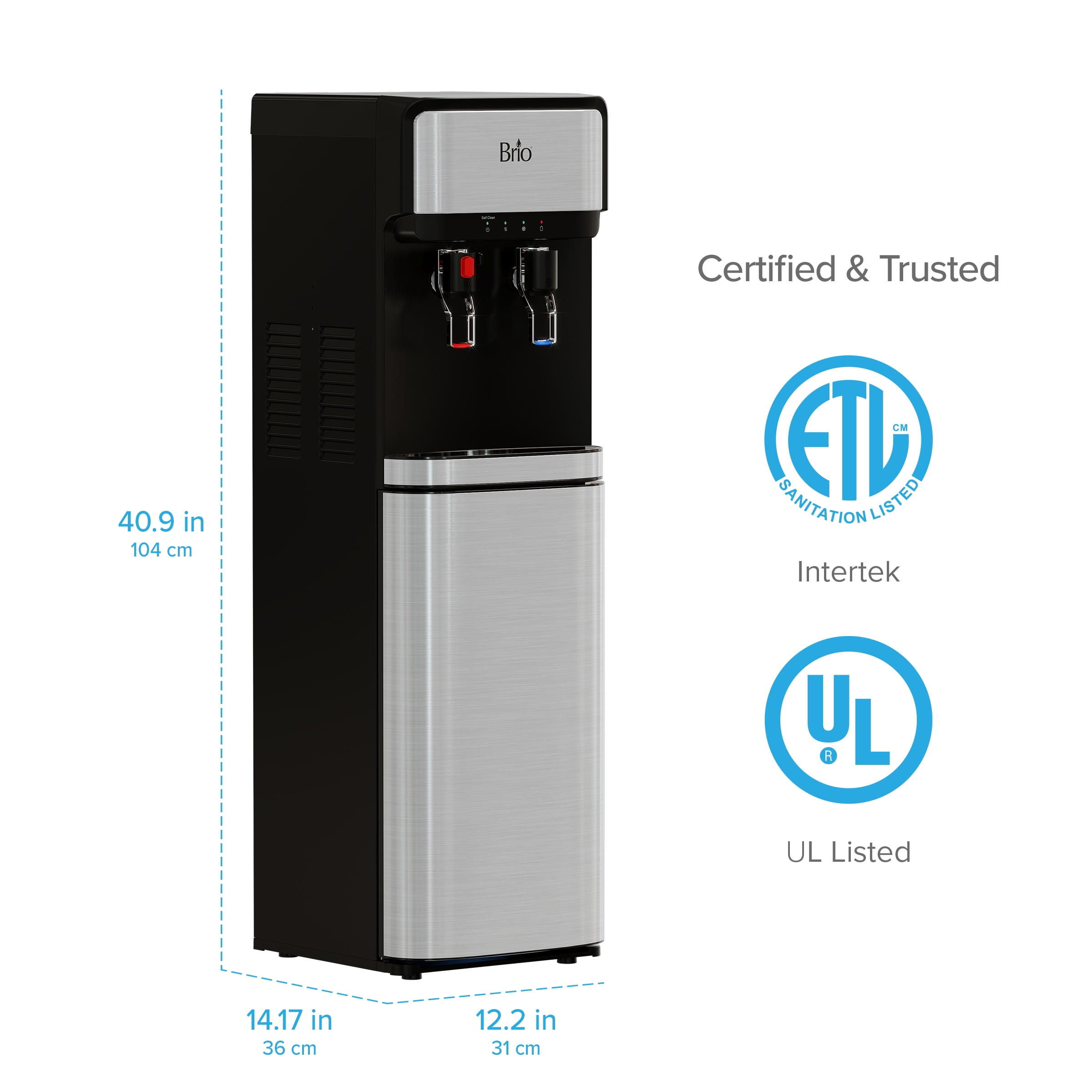 Brio Bottom Load Water Cooler Dispenser with Self-Cleaning Ozone and Paddle Dispensing (Silver, 41.1 in H x 12.1 in W x 15.6 in D) e5q1g