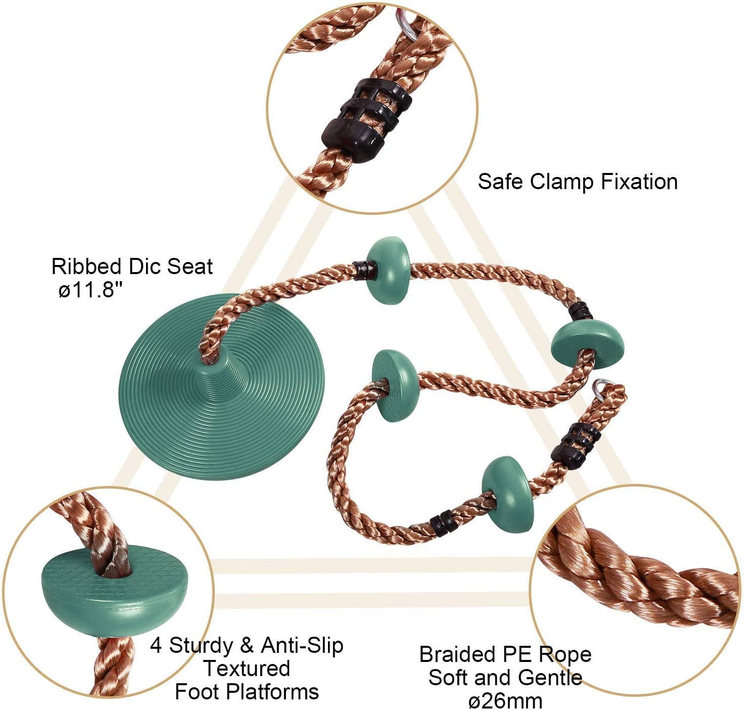 Redcamp Climbing Rope Disc Swing Set with Hanging Strap and Snap Hooks (Green, 6.5 ft) w8302